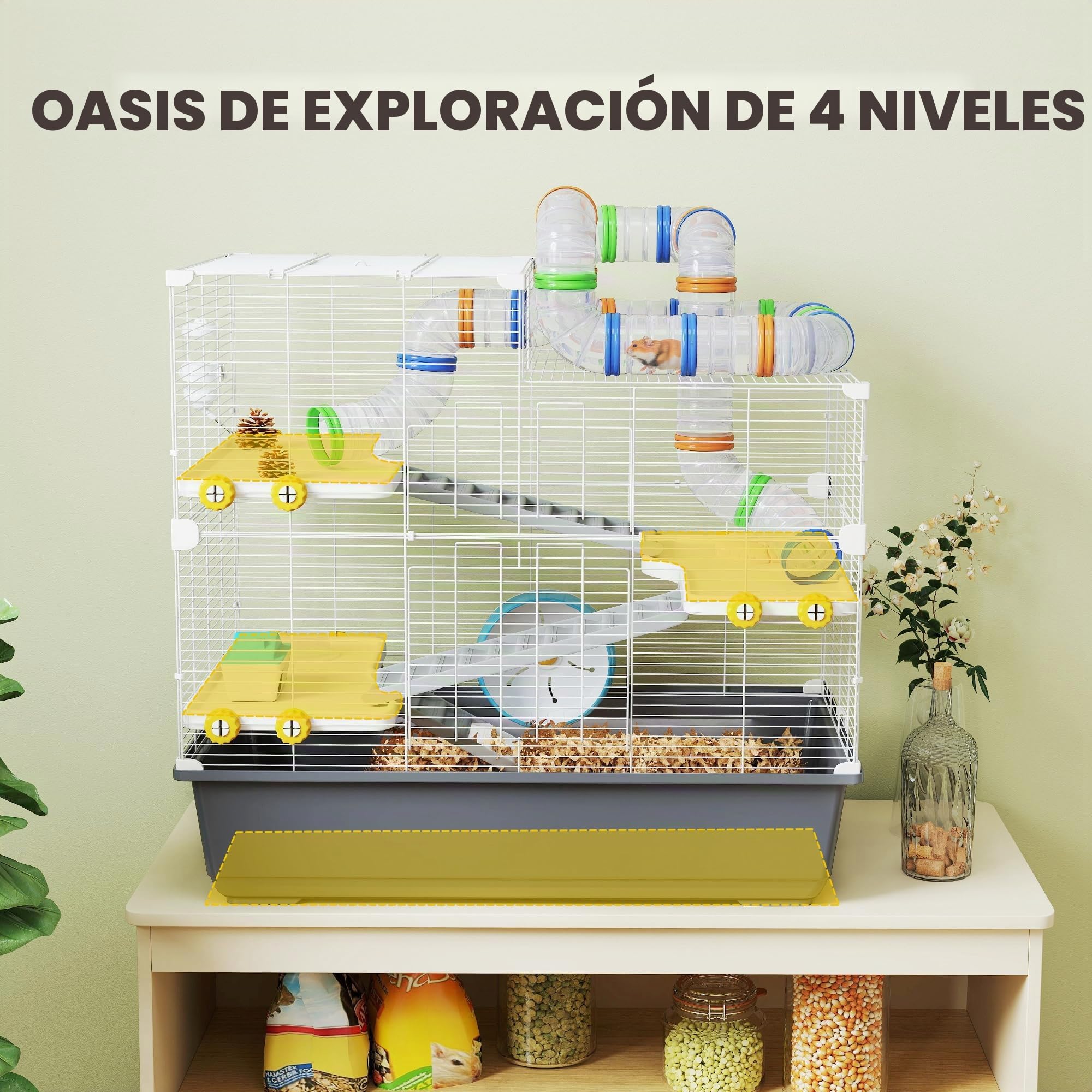 PawHut Jaula para hámster de 4 niveles, jaula para roedores y animales pequeños, con rueda, tazón de pienso, túnel, puerta superior, jaula para pequeños animales, jaula para hámsters sirios, 78 x 45 x