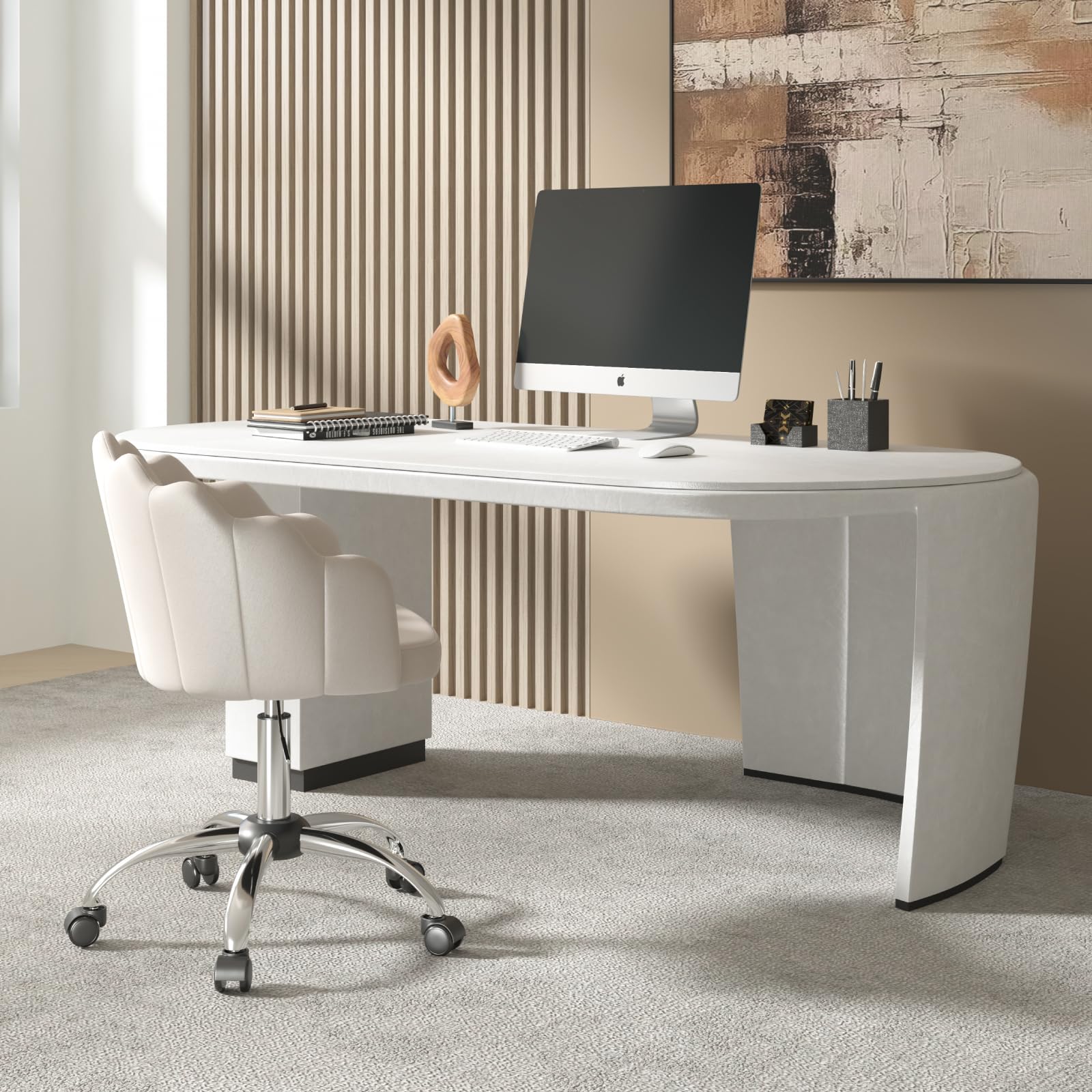 WOLTU Chaise Bureau Pivotante Hauteur Réglable Velours Beige Métal