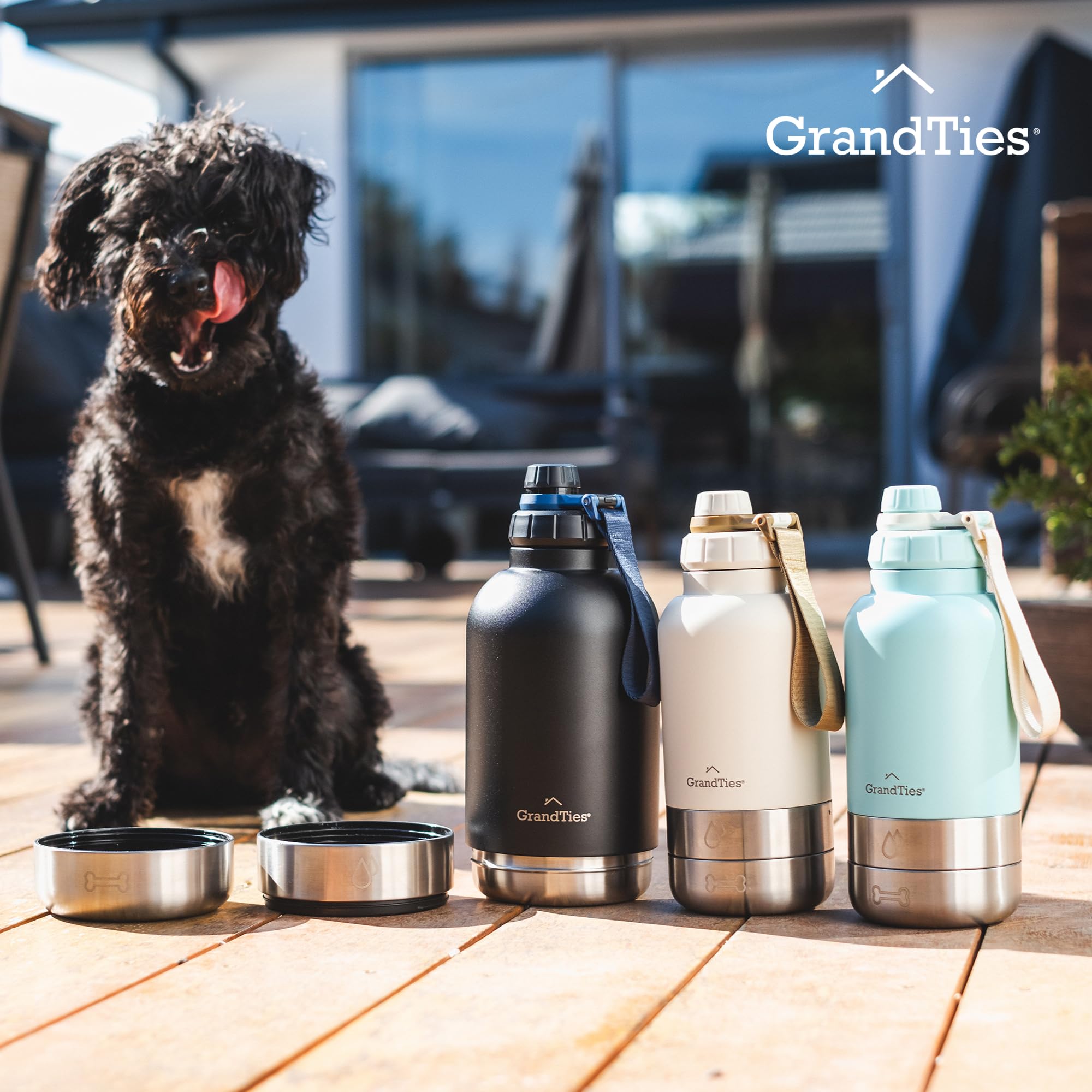 GrandTies Borraccia portatile isolata per cani con 2 dispenser per l'acqua staccabili, a prova di perdite, accessorio per cani per passeggiate, escursionismo, campeggio (907,2 g, verde polvere)