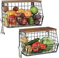 Cesta de frutas de 2 camadas para cozinha, cesta suspensa empilhável com tampa de madeira, organizador de balcão de cozinha montado na parede para armazenamento de frutas, vegetais, marrom