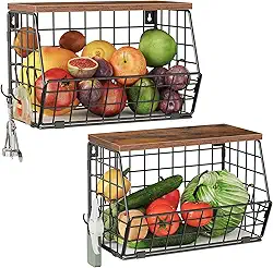 Cesta de frutas de 2 camadas para cozinha, cesta suspensa empilhável com tampa de madeira, organizador de balcão de cozinha montado na parede para armazenamento de frutas, vegetais, marrom