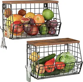 Cesta de frutas de 2 camadas para cozinha, cesta suspensa empilhável com tampa de madeira, organizador de balcão de cozinha montado na parede para armazenamento de frutas, vegetais, marrom