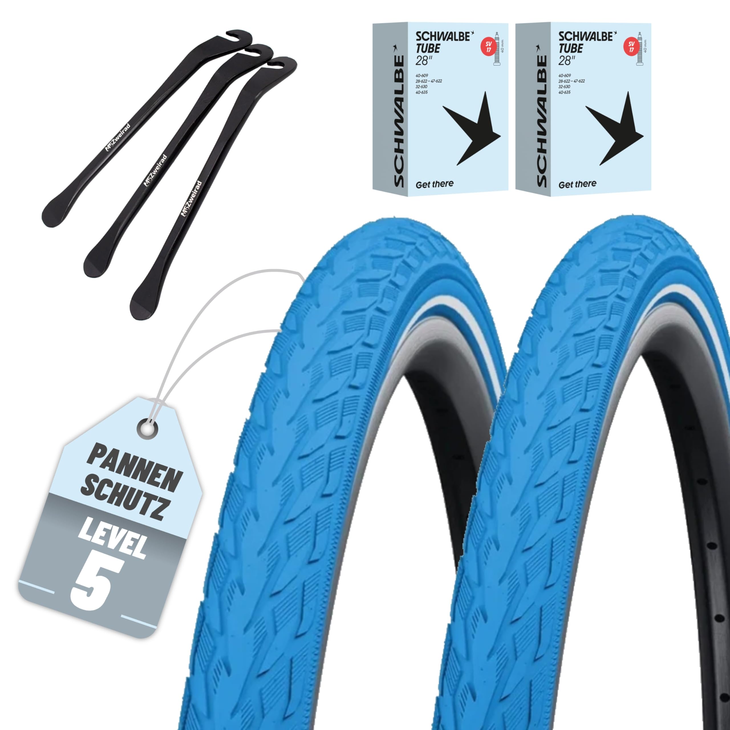 2er Set Schwalbe Fahrradreifen Delta Cruiser Plus HS 431 28 x1.40 Zoll (37-622) blau + Auswählbare Schläuche + 3X MSZweirad Reifenheber