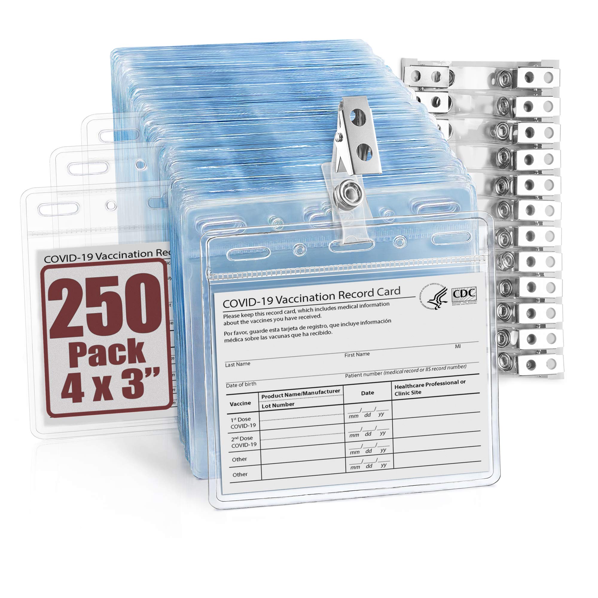 Mifflin - USA horizontaler Kartenschutz ohne Reißverschluss mit Metallclip und Vinylbändern (transparent, 10,2 x 7,6 cm, 250 Stück), schnell ladendes PVC-Namensschild mit Clips