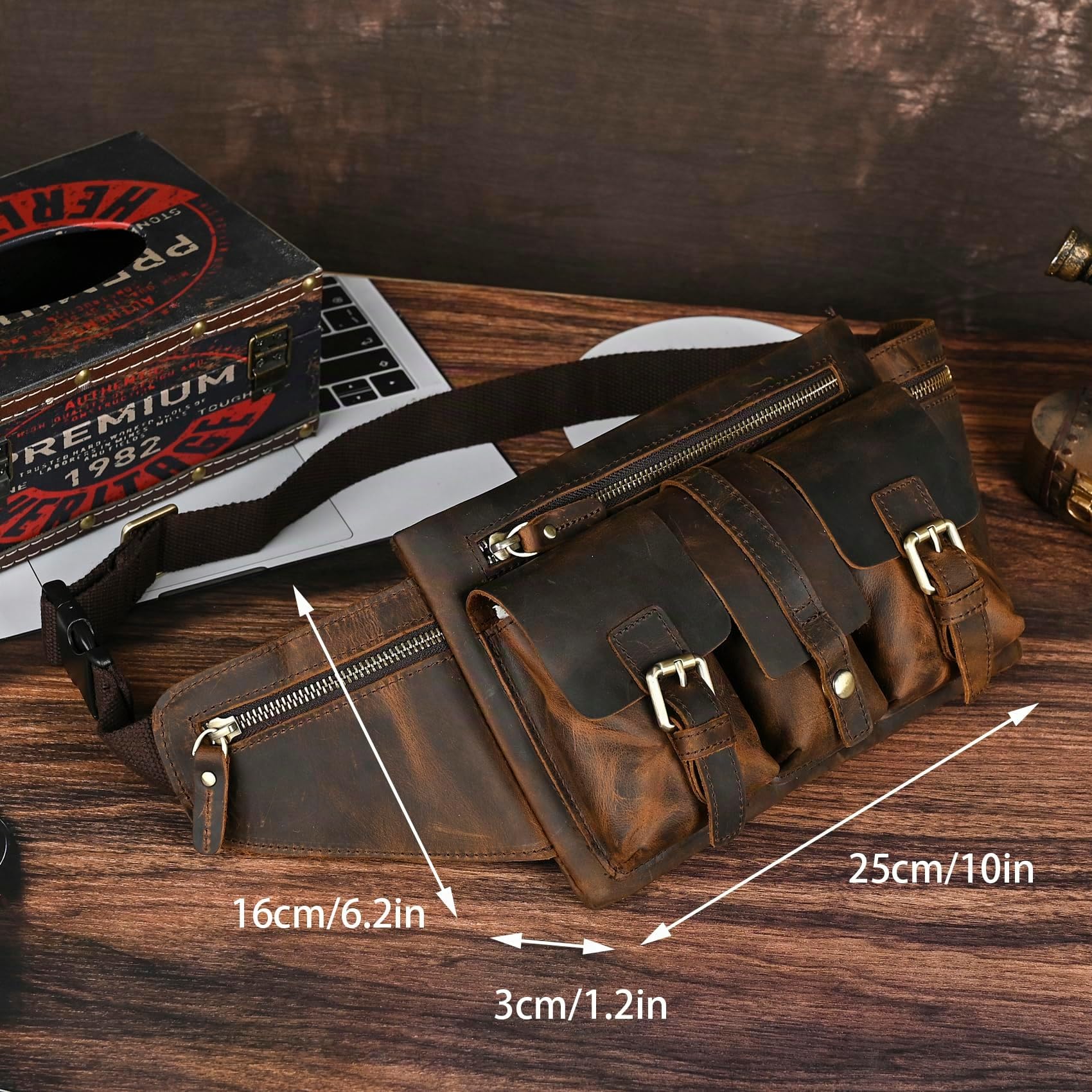 Épais Crazy Horse en Cuir Randonnée Équitation Voyage en Plein Air Ceinture Fanny Taille Pack Petit Téléphone Cigarette Poche pour Hommes Femmes 380 (381 Marron)