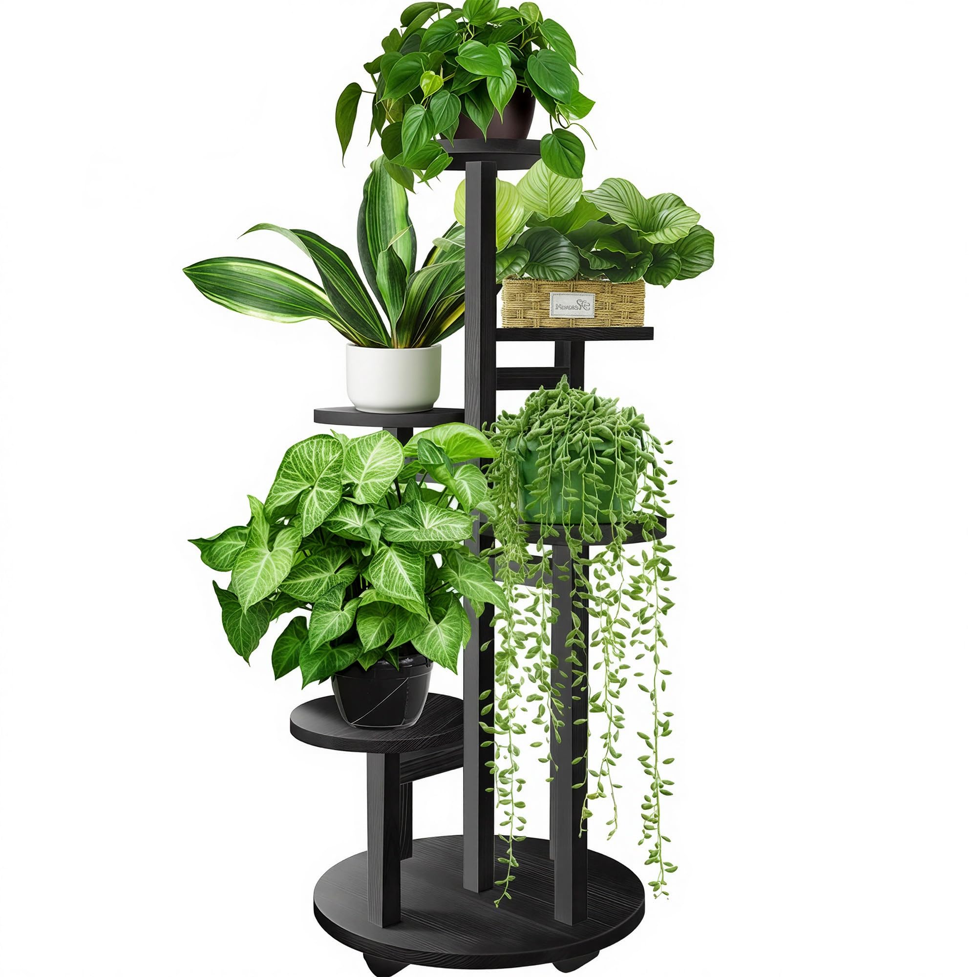 GEEBOBO 5 Tiered Tall Plant Stand for Indoor, Wood Plant Shelf Corner Display Rack, Multi-tier Planter Pot Holder Flower Stand for Living Room Balcony Garden Patio (Black)