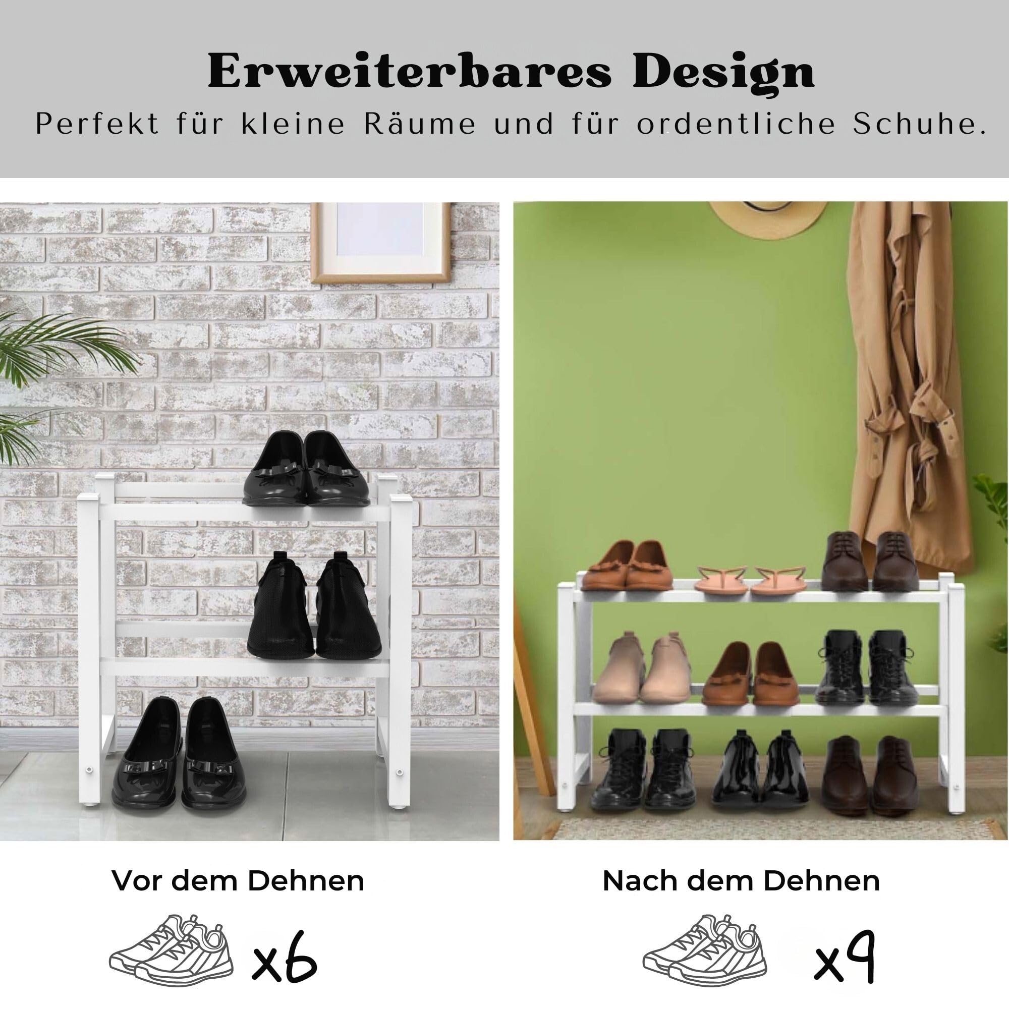 Schuhregal 2 Etagen, Schuhschrank Metall Platzsparend, Weiß | Schuhorganizer & Schuhaufbewahrung, Schmales Teleskop-Regal für Kleiderschrank, Wohnzimmer, Schlafzimmer & Flur, 70x20x37cm
