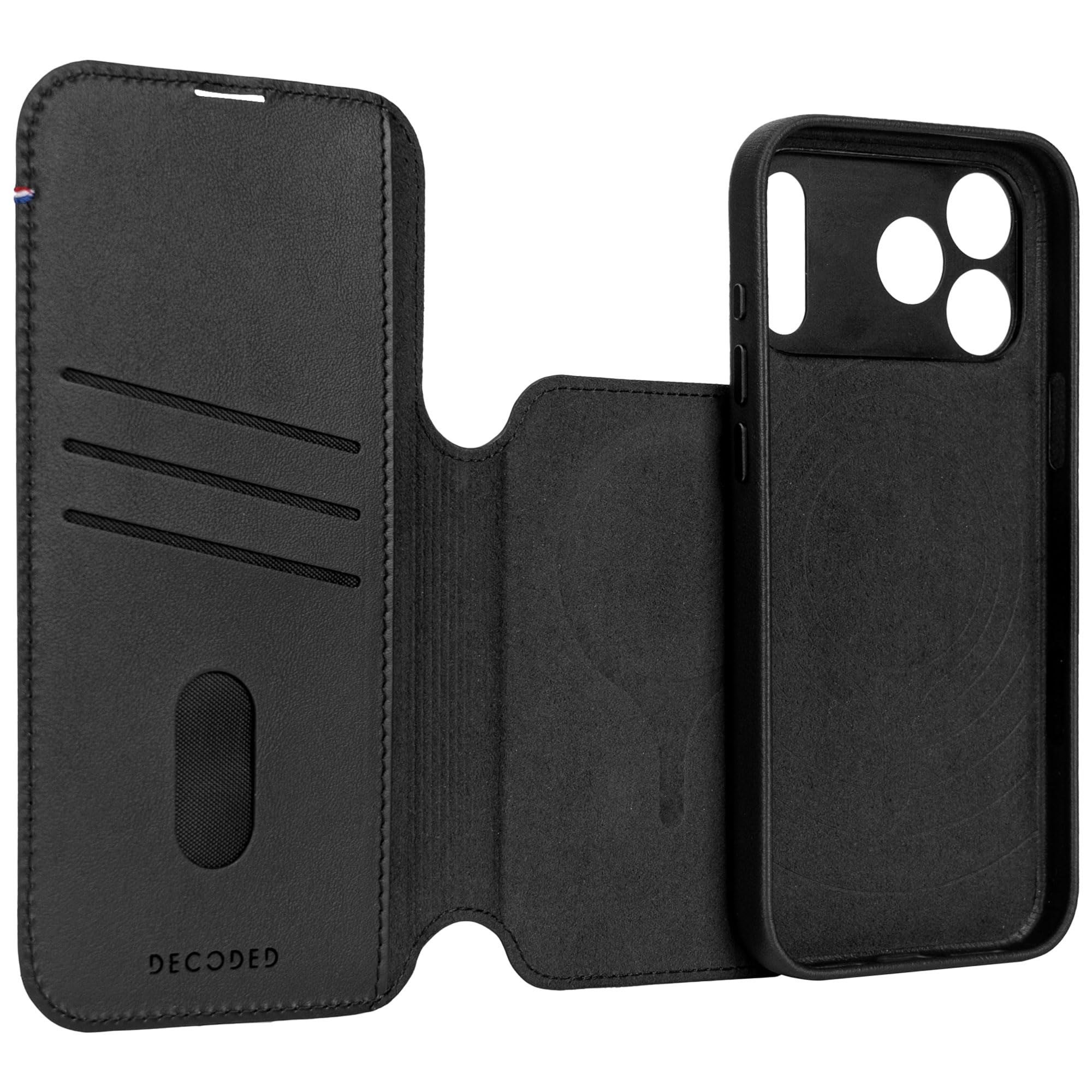 DECODED 2 w 1, skórzane etui do iPhone'a 17 Pro Max, zdejmowany portfel, wysokiej jakości skóra ECCO, kompatybilne z Magsafe, ochrona przed upadkiem, odporne na zarysowania, metalowe guziki, czarne