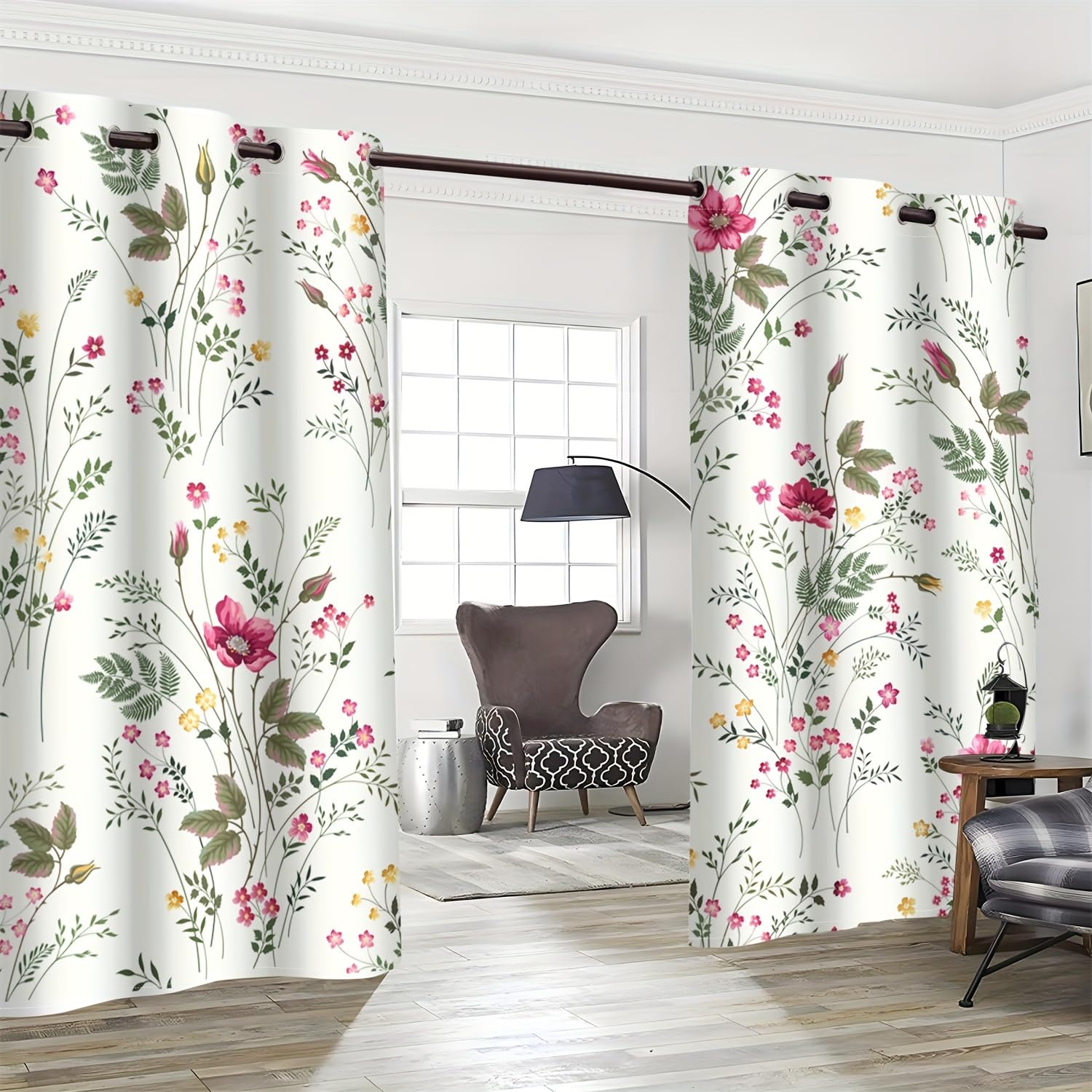 Cortinas Opacas con Estampado 3D de Flores de Primavera, Plantas Verdes, 2 Paneles, aislantes térmicos, oscurecedoras, para Dormitorio (Ancho x Alto/2 x 140 x 300 cm)