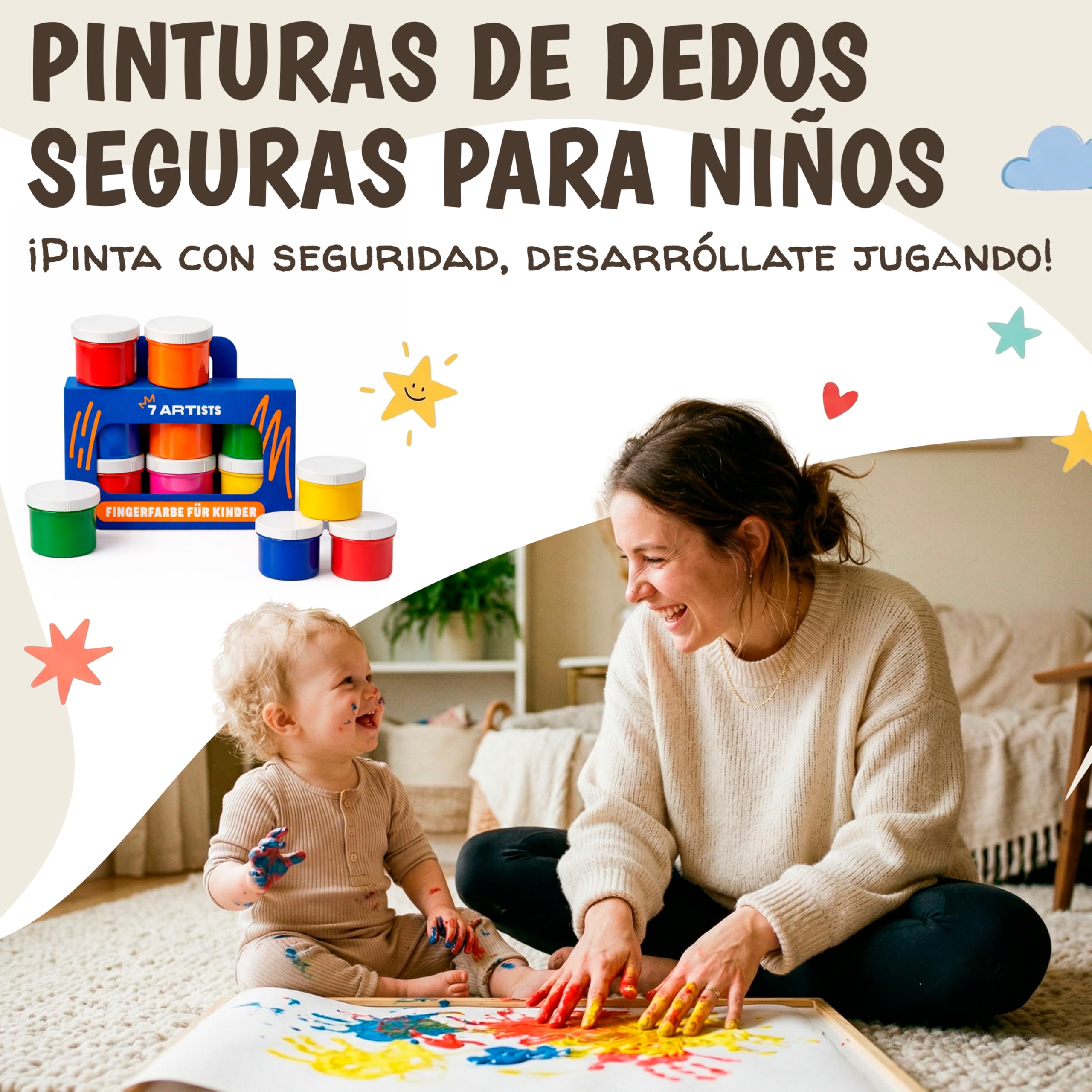 Pintura Dedos Bebe No Toxica Lavable 6x60ml – Pintura de Dedos Para Niños 1, 2, 3 años | Pintar con Manos y Pies | Pinta con Manos & Huellas Bebé Multi Superficia