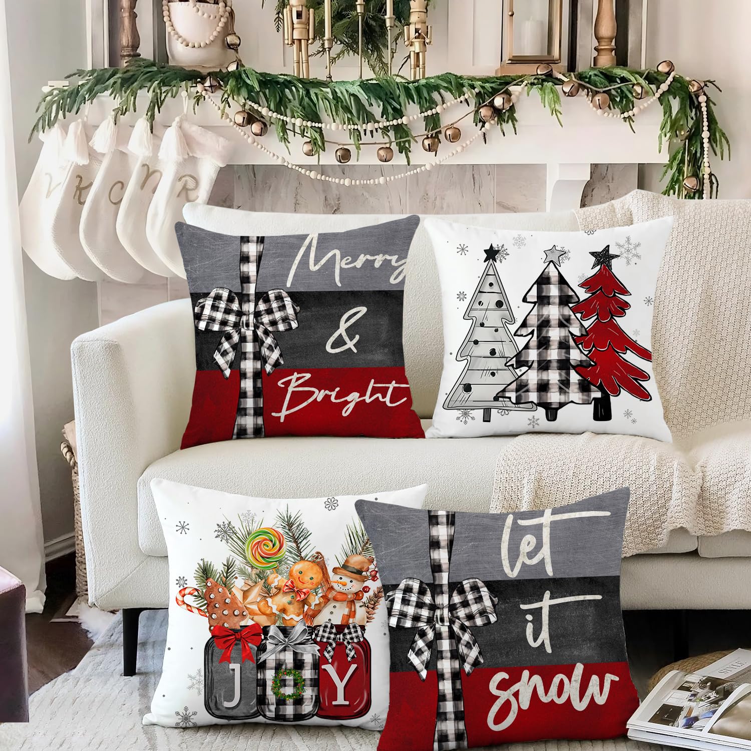 Miaikoe 45x45 cm Christmas Cushion Covers Merry Christmas Joy Xmas Trees Red and Black Decorative Winter Holiday Cushion Case Decoration for Coach Sofa Set of 4 - Image 4