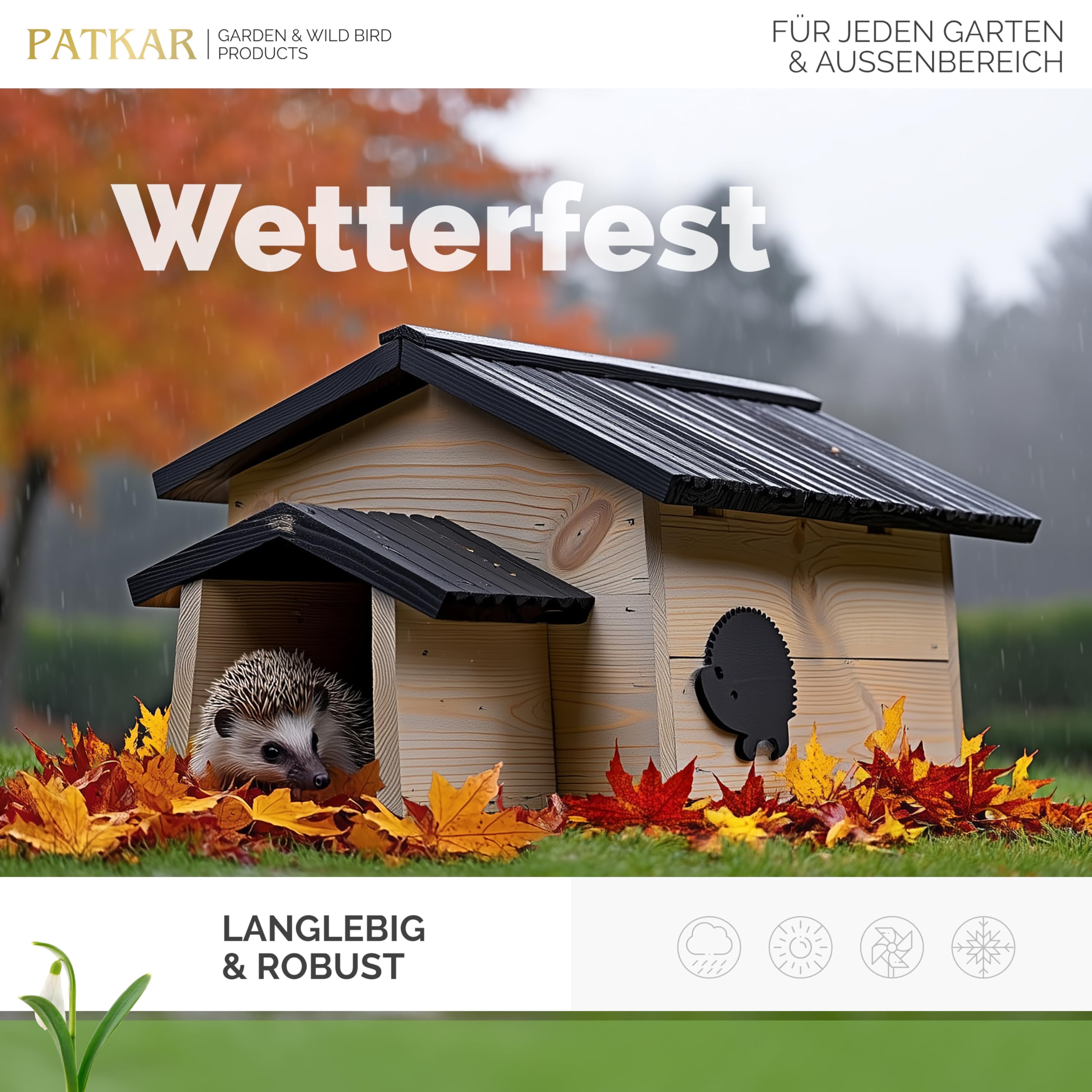 PATKAR Igelhaus Winterfest mit Boden Premium Igelfutterhaus Made in Europe Igel Haus Schlafhaus Futterhaus