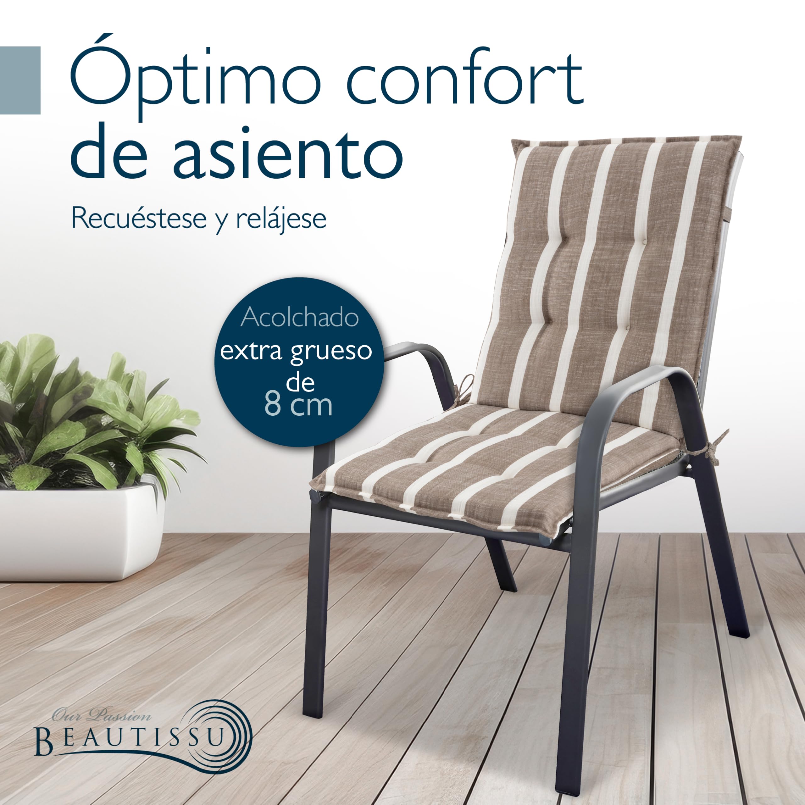 Beautissu Set 6 Premium Cojin Silla Jardín con Respaldo Bajo 100x50cm Sun-NL – Resistencia UV 8cm Grosor Acolchado Cojín Exterior con Respaldo Antideslizante – Rayas Beige Blanco