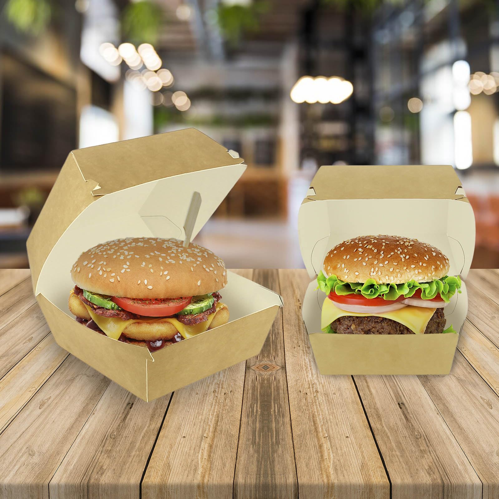 50 scatole per hamburger, colore kraft, doppia chiusura, da trasportare, ecologico, sostenibile, 11 x 11 x 7,5 cm