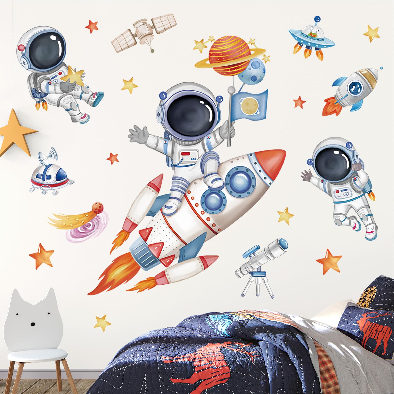 wondever Rocket Astronaut Wall Stickers Universe Space Planet Outer Space Peel and Stick Wall Art Decals for Baby Nursery Kids Bedroom Playroom - Image 3