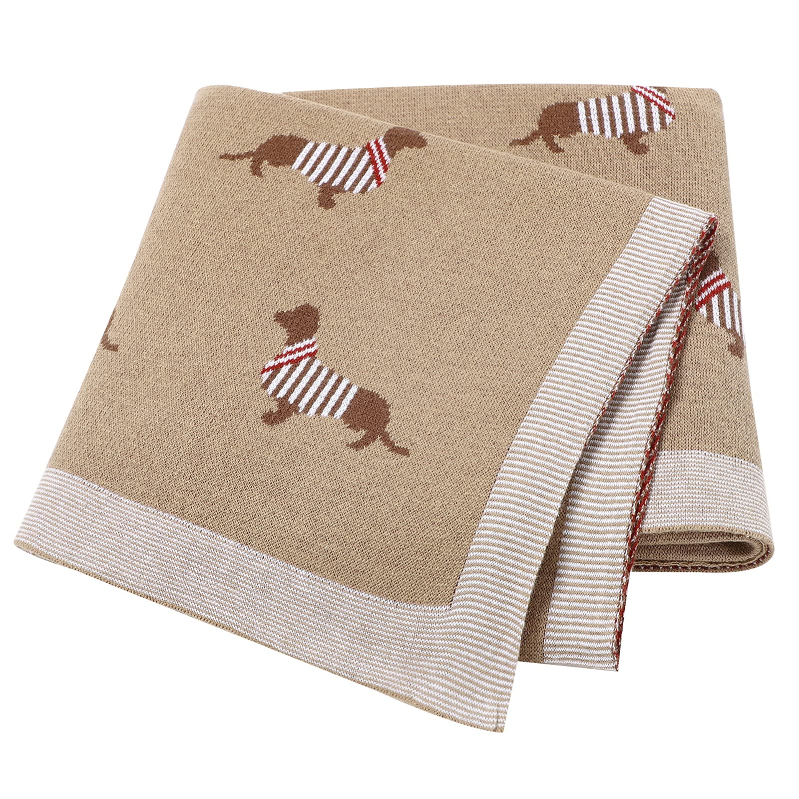LAWKUL Babydecke 100% Baumwolle Weich Gestrickt Babydecken für Neugeborene Jungen Mädchen Dackel Wursthund 100x80cm Khaki