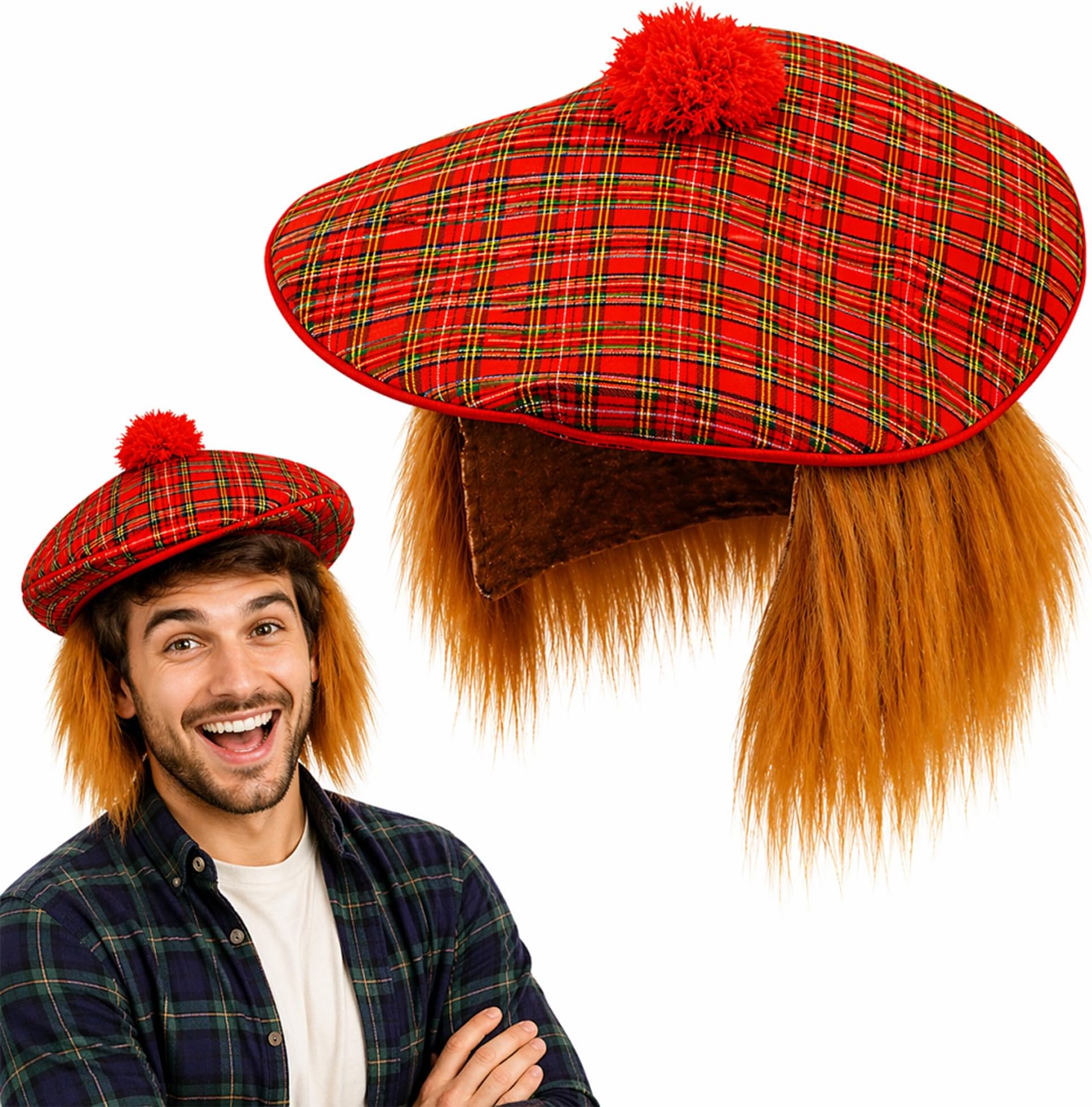 Lizzy Tam O'Shanter Hat Red Tartan with Orange Hair Scottish Fancy Dress Hat One Size Costume Hat for Burns Night Rugby Football Events Scottish Costume Accessories with Tattoos