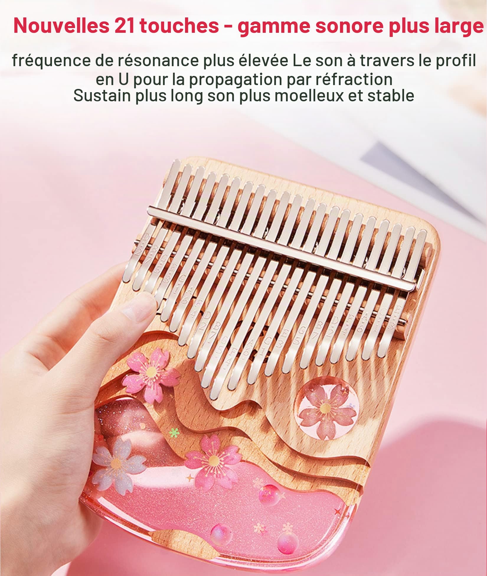 BOTOWI 17 Touches de Piano à Doigts Cadeau Musical, Kalimba en Cristal 21 Touches de Piano à Pouces en Acrylique Transparent avec Sac Eva, Marteau Accordage, Chiffon de Nettoyage,17keys Sakura