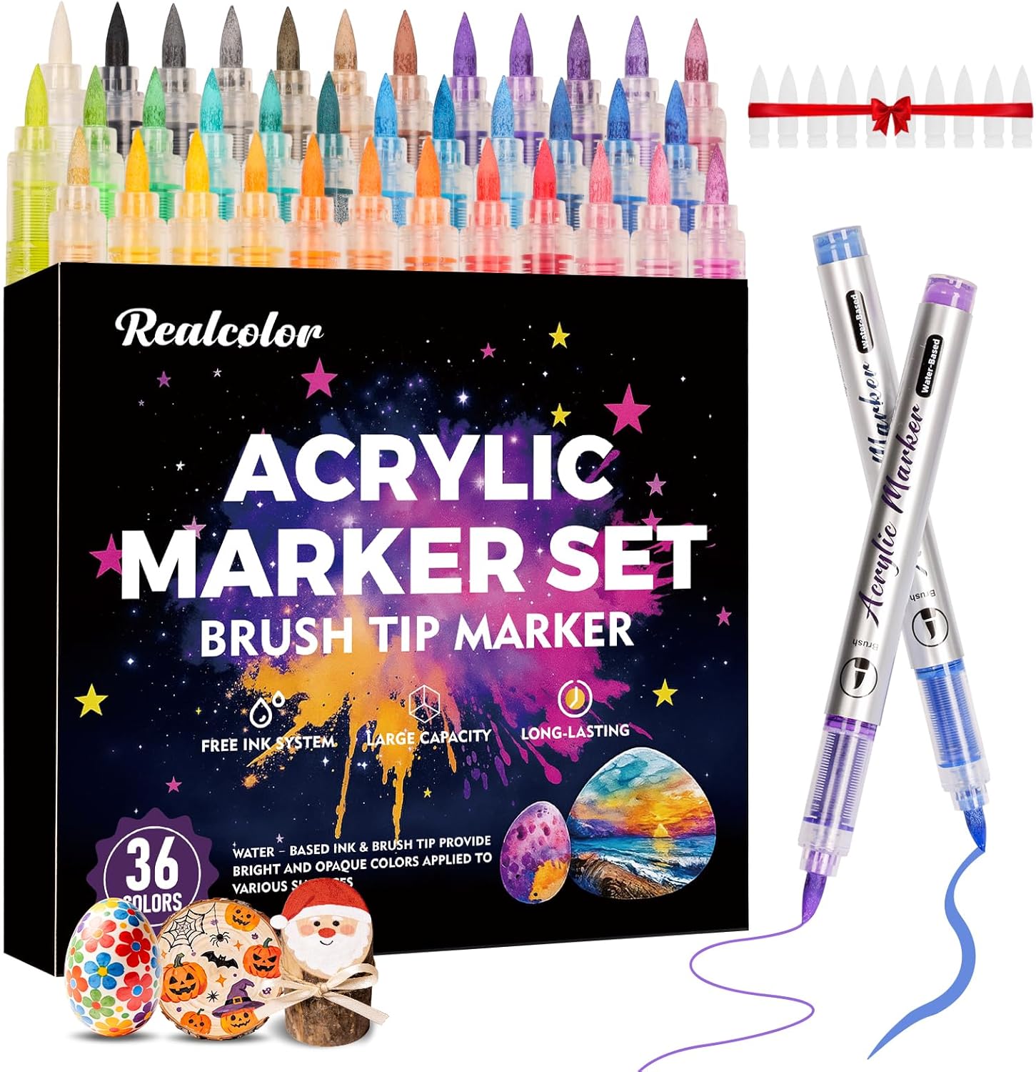 36 Colors Acrylic Paint Markers, Soft Brush Tip Acrylic Paint Pens Paint Markers for Wood, Stone, Canvas, Glass, Fabric, Egg, Rock Painting, and DIY Crafts Non-Toxic, Art Supplies