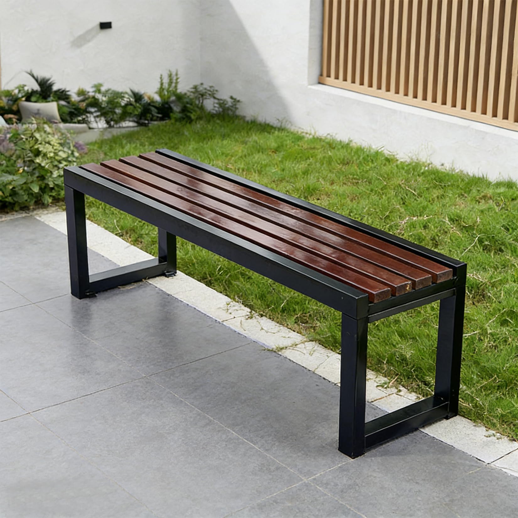 yurstcggh Slatted Garden Bench,Backless Bench,Changing Room Benches,Solid wood slatted seat and galvanized frame,Porch Seating Weatherproof, Rustproof Brown 100cm