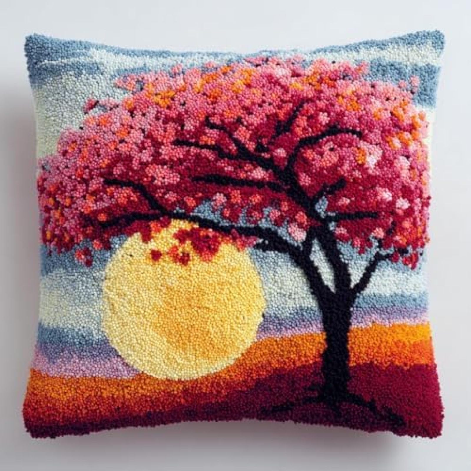 kitphoenix Cherry Flower Tree Blue Moon DIY Latch Hook Kit for Adults,Cushion Cover Craft Set with Printed Canvas,Yarn and Hook,43x43 cm Handmade Gift for Women