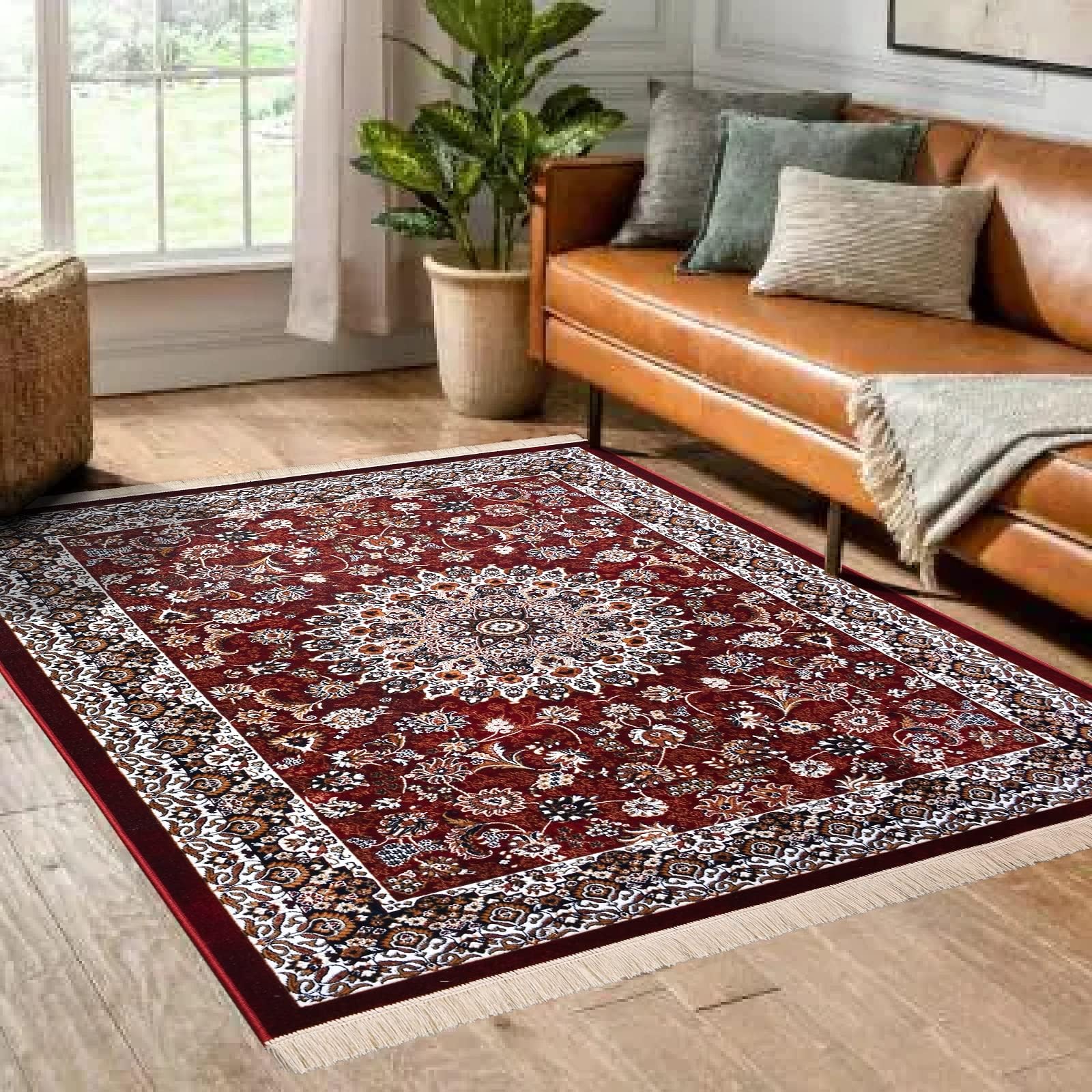 ENYRA Traditional Design Multi Purpose Jhelum Carpet Rug for Indoor Living, Dinning, Office, Rooms & Bedroom, Temple, Hallway Carpet (5x7 Feet/60x84 Inch/152x213 Cm) 1 Piece (Maroon)