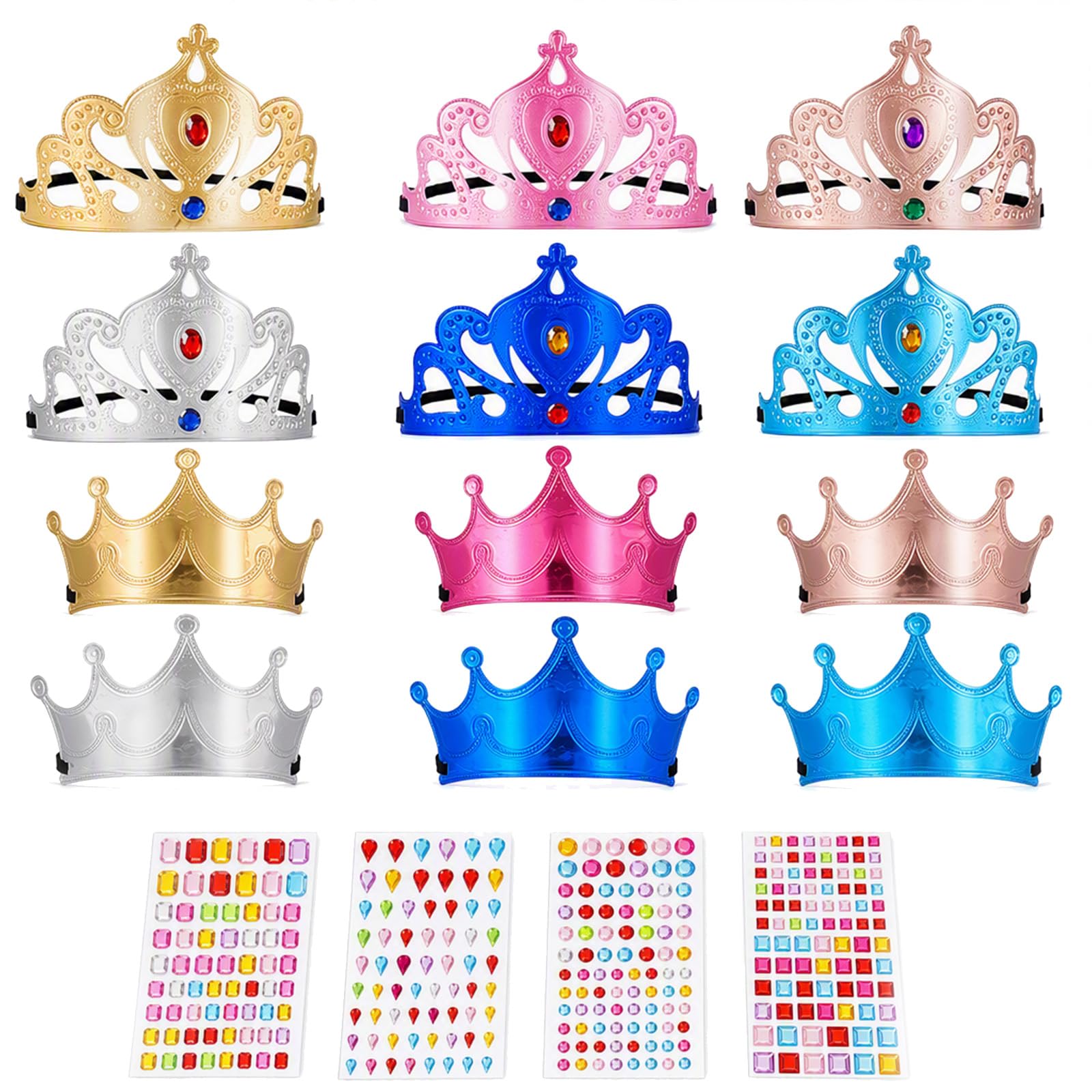 17Pcs Princess Crown Set, Foam Tiaras with Gem Stickers, DIY Party Craft