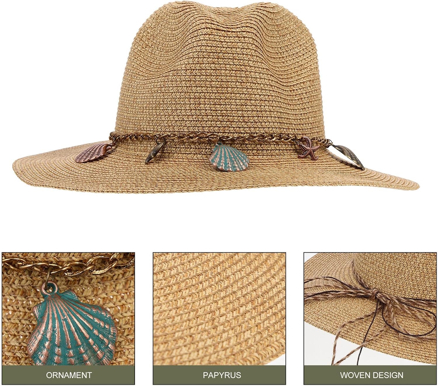 Woven Straw Sun Shade Hat for Women, Summer Bucket Hat with Wide Brim, Khaki Outdoor Beach Sunburn Protection Cap