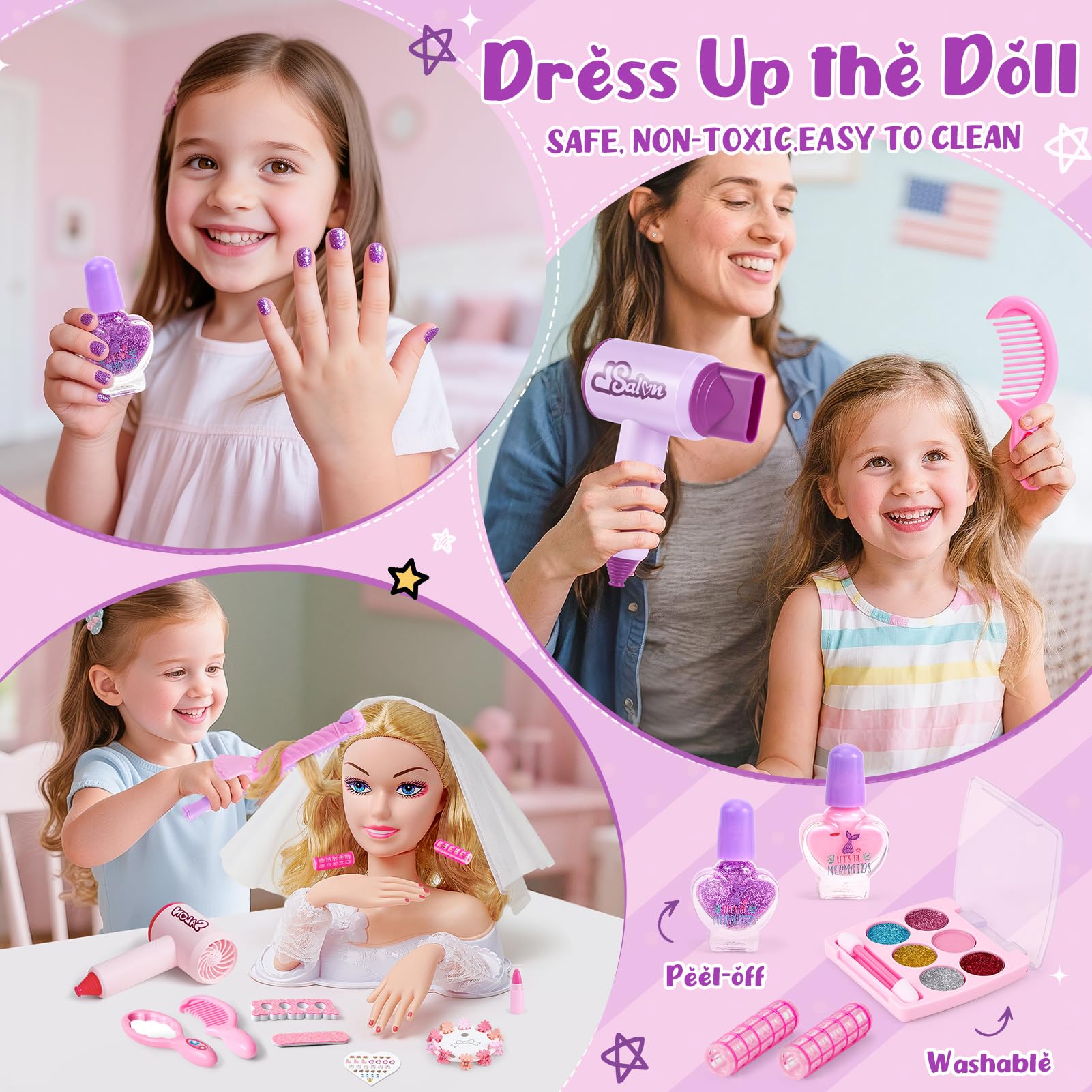 vamei Braut Schminkpuppe Frisierkopf Kinder, Schminkkopf Spielzeug Set mit Haartrockner, Schminke, Nagelaufkleber, Haarstyling Zubehör & Kopf mit Schleier, Stylingkopf Geschenk für Mädchen 3+ Jahren