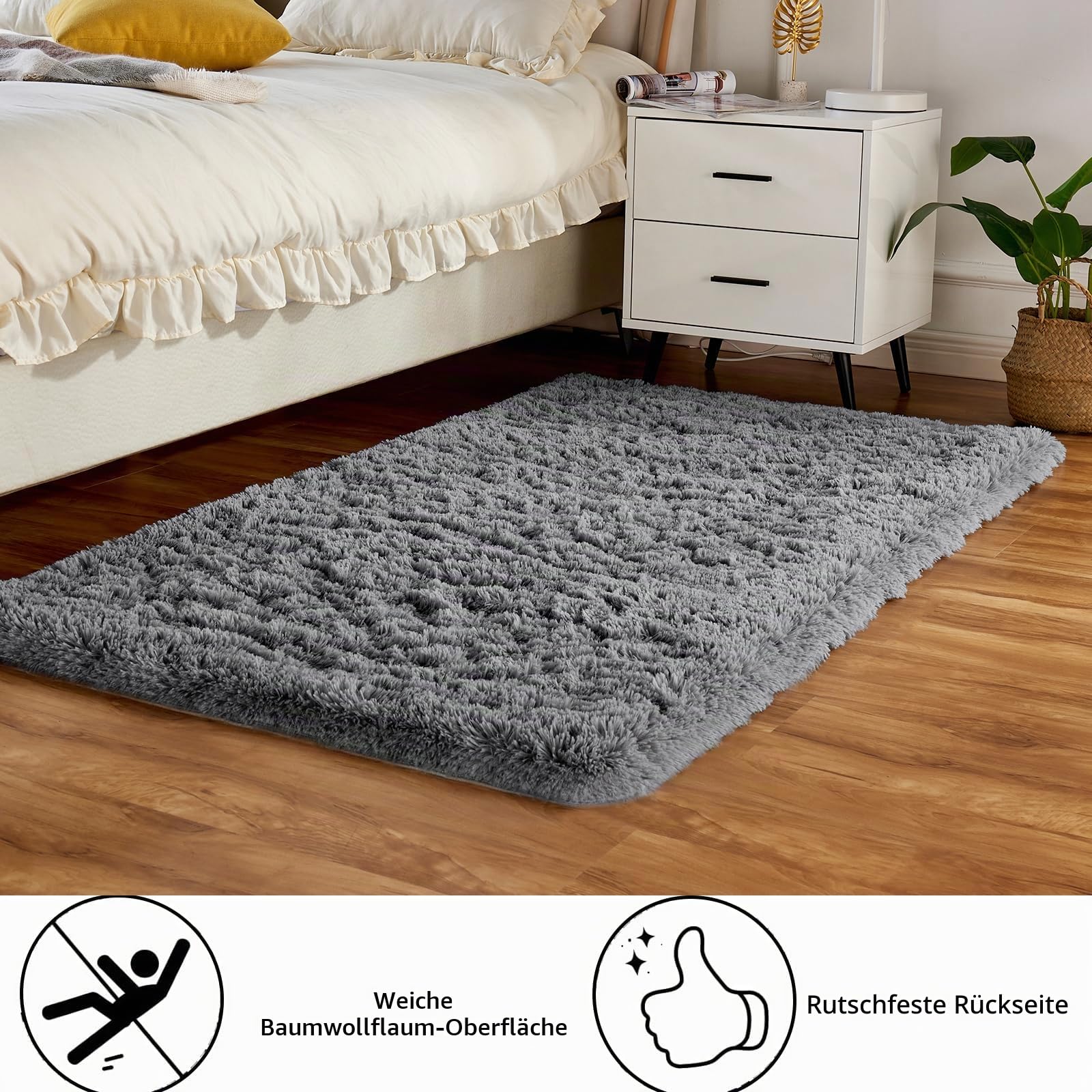 Grau Weich Bettvorleger 140x200cm Shaggy Teppiche für Schlafzimmer | Flauschig, Hochflor 4-5 cm, Hochwertiger Schwamm, für Wohnzimmer, Lounge, Kinderzimmer, Babyzimmer