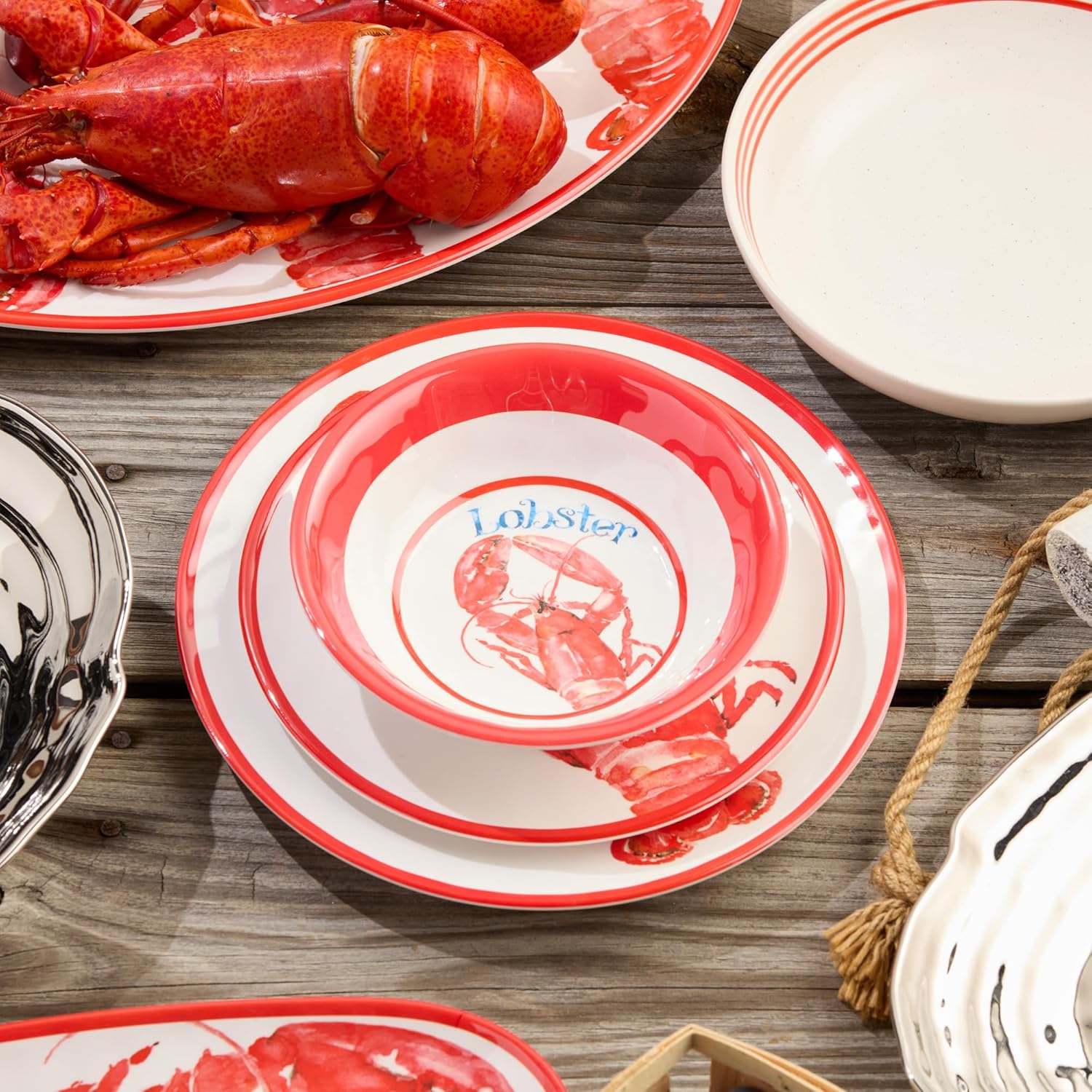 Beach House Lobster 12-Piece Melamine Dinnerware Set – Bold Coastal Charm, Service for 4, Durable, Lightweight, and Dishwasher-Safe