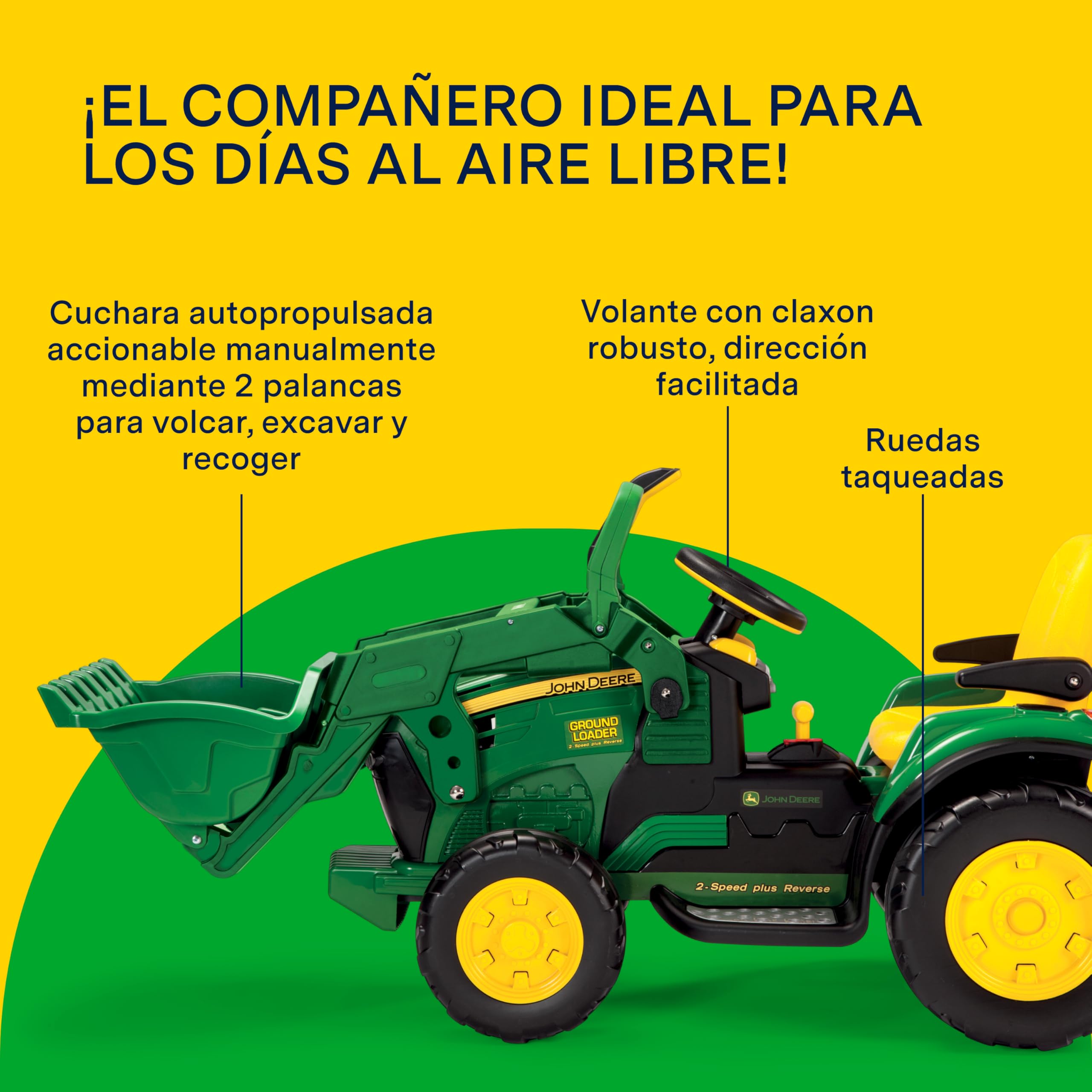 Peg John Deere Ground Loader Tractor Eléctrico Montable para Niños 3+ Años con Batería Recargable 12V, Radio FM y Pala Delantera Funcional