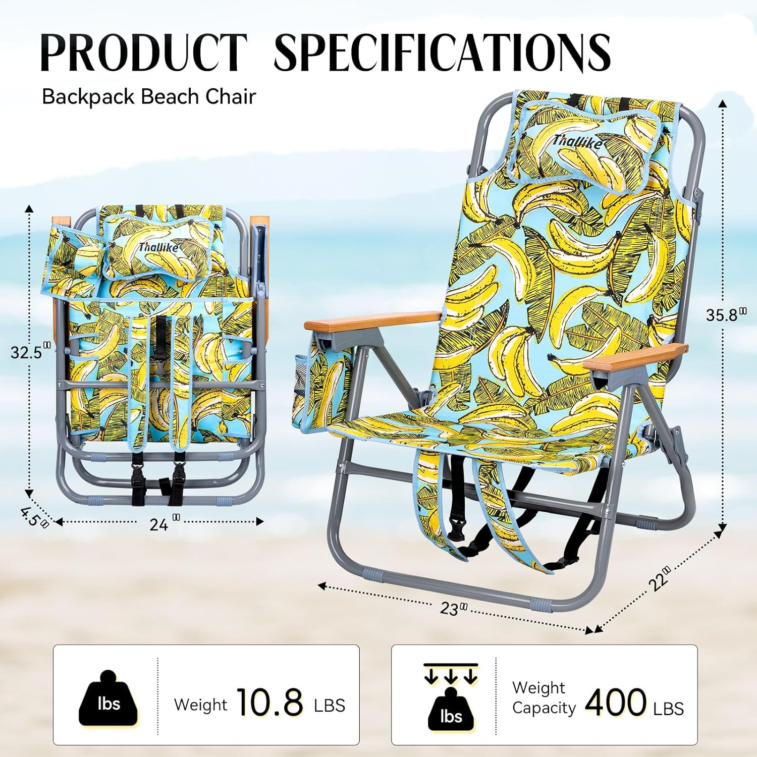 Backpack Beach Chair Wide Seat High Back Folding Camping Chair for Adults 5-Position Recline Supports 400lbs Portable Chair with Cup Holder Cooler Bag Storage Pouch for Outdoor Lawn Picnic Yellow