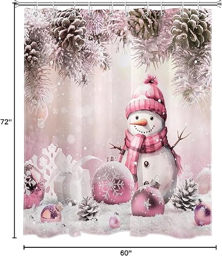 Miniatura 8 de LB Cortina de ducha de Feliz Navidad, bola de Navidad rosa, bonita cortina de ducha de muñeco de nieve, juego de cortina de ducha de invierno blanco