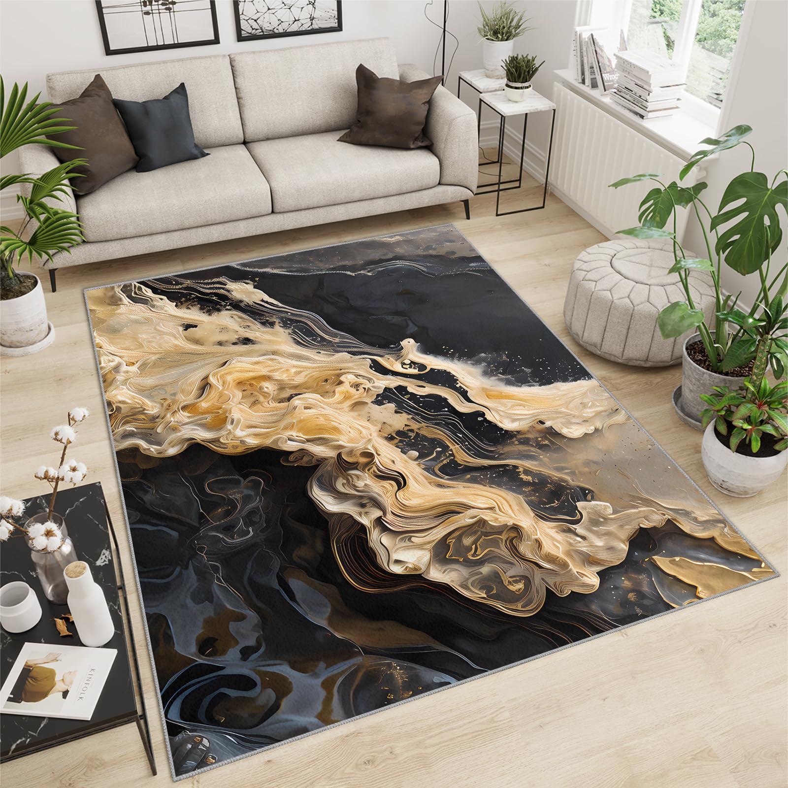 QDJKBL Area Rug 100 X 150 Cm Black and Gold Abstract Marble, Gilded Modern Curved Oil Painting Graffiti Rugs for Bedroom, Non-Slip Carpet Pattern Clear for Dining Room — image 1