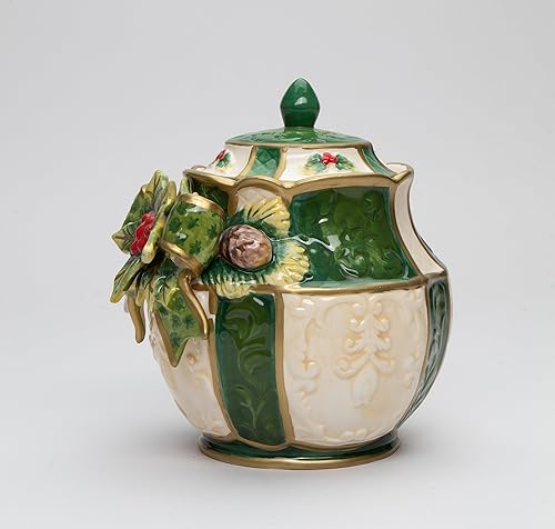 Miniatura 4 de 10313 Acebo de Navidad de cerámica fina verde esmeralda con bayas rojas con cono de pino, 6 pulgadas de alto