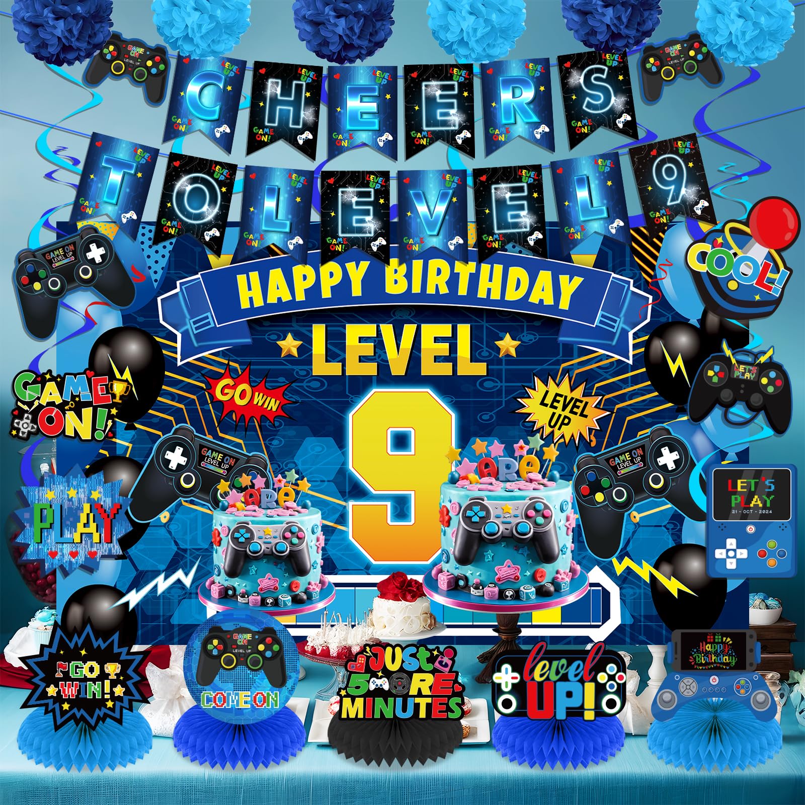 Video Game 9th Birthday Party Decorations Blue Black Happy Birthday Level 9 Banner Backdrop Honeycomb Centerpieces Hanging Swirls Tissue Paper Pompoms Kit for Boy 9 Years Old Game Controller Supplies
