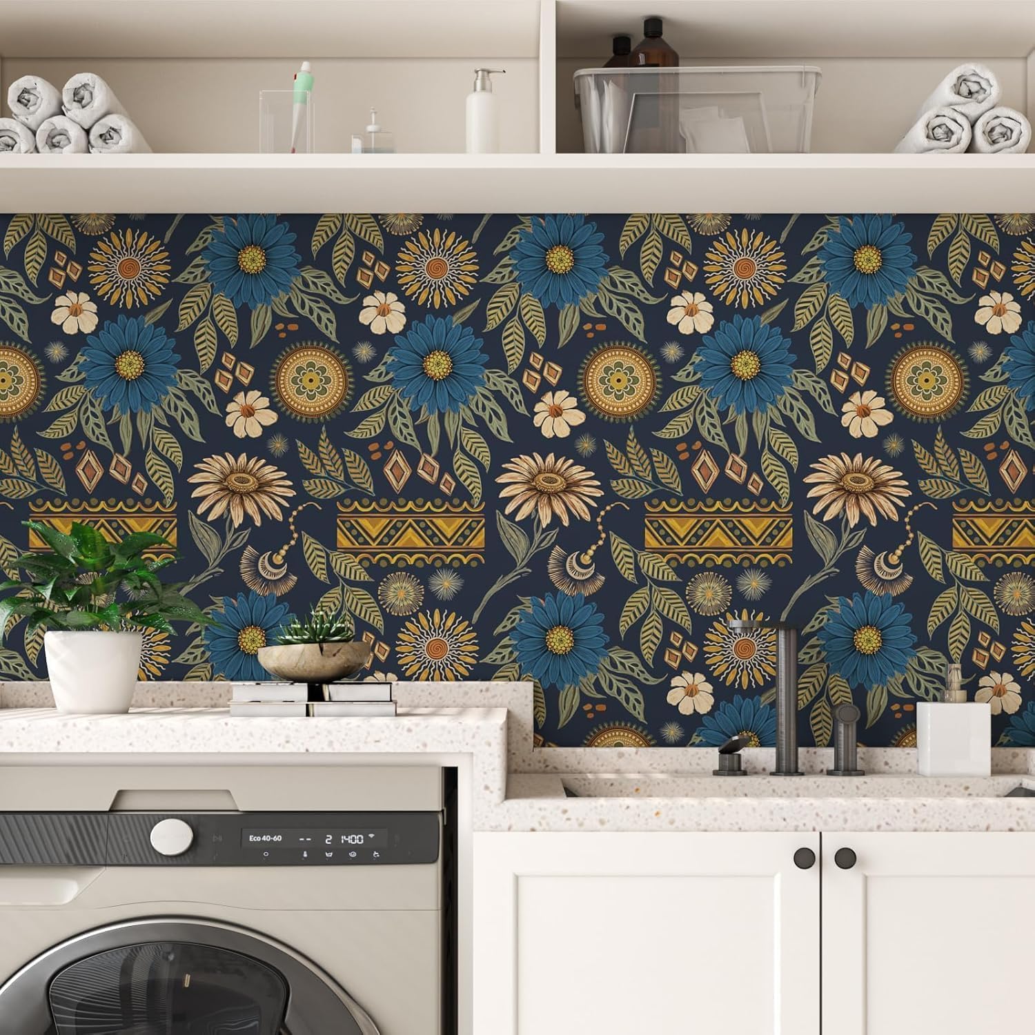 Blue Boho Floral Peel and Stick Wallpaper 17.5” x 118” | Self-Adhesive, Removable and Waterproof for Smooth Walls, Bedrooms, Bathrooms, Kitchens, Cabinets, Shelves and Drawers