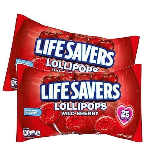 Lifesavers - Paletas de cereza silvestre, envueltas individualmente, 25 quilates, día de San Valentín, paquete de 2 bolsas de 8.8 onzas