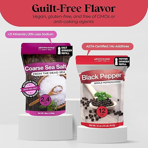 Miniatura 5 de Aromasong Sal marina gruesa orgánica (2.43 libras) con molinillo de pimienta negra (12 onzas), juego combinado de repuesto para cocinar y hornear,