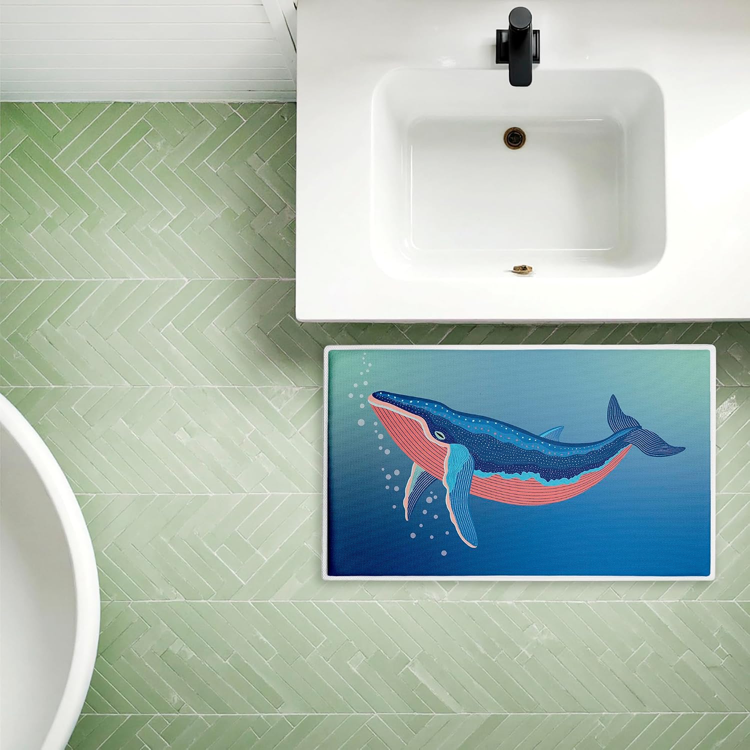 Stupell Industries Coastal Whale with Bubbles Plush Bathroom Mat & Bath Rug, Soft Quick-Dry Non-Slip Bathroom Rug with Recycled Foam Cushion, Coastal Beach Nautical Design by Darlene Seale, 18"x30"