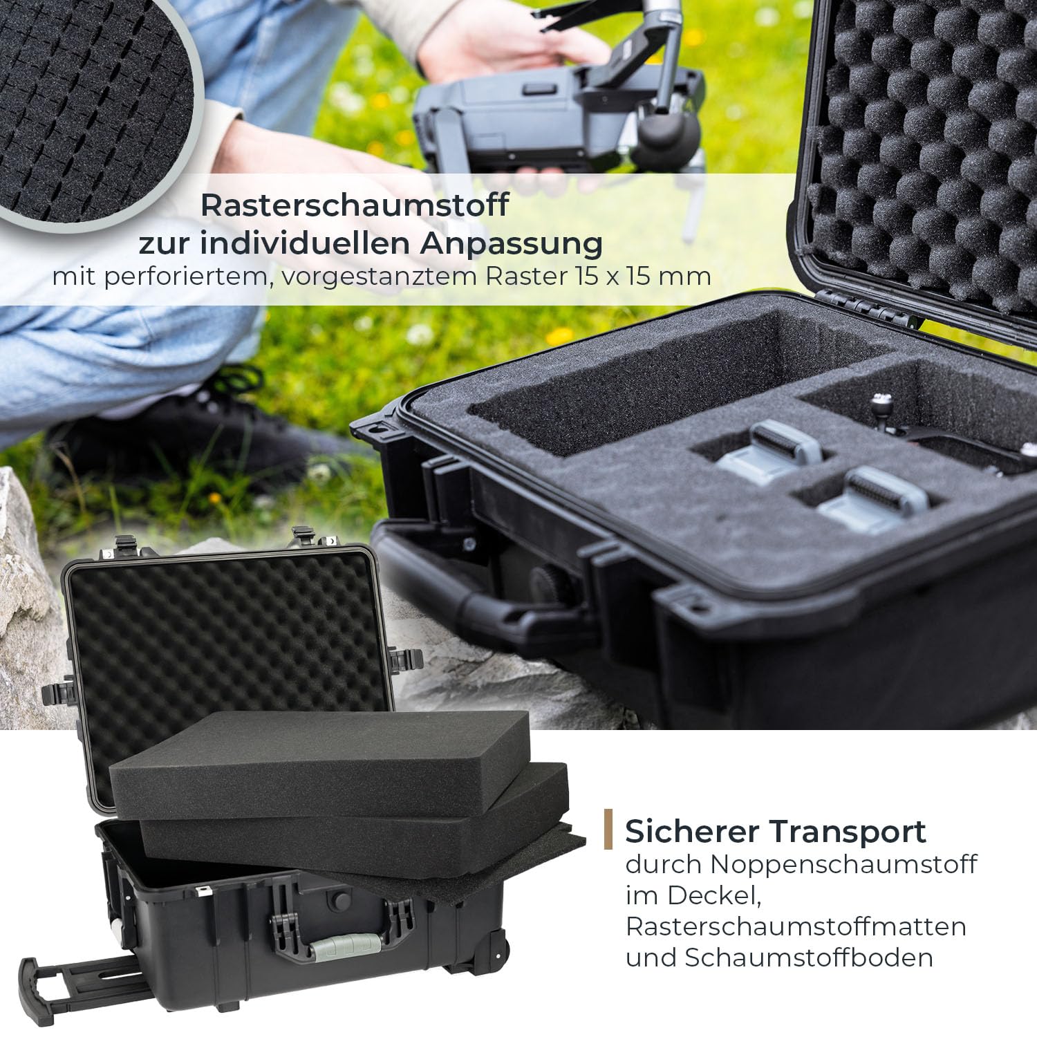 HMF Outdoor-Trolley ODK400 Fotokoffer mit Rasterschaumstoff 58,5 x 45 x 27,5 cm Schwarz