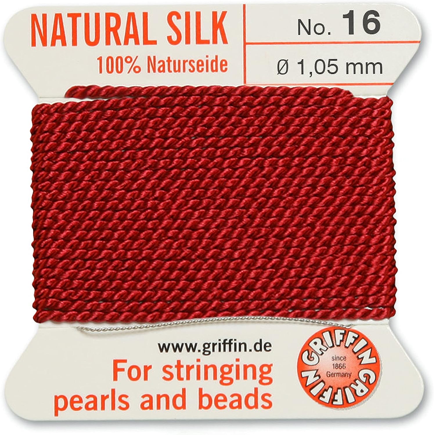 Griffin Silk Bead Cord Perlseide – Garnet Color – Size 16 (1.05mm) – 2 Meters per Card – Stainless Steel Needle Attached – for Knotting Pearls, Gemstones, Crystals and Beads image 2