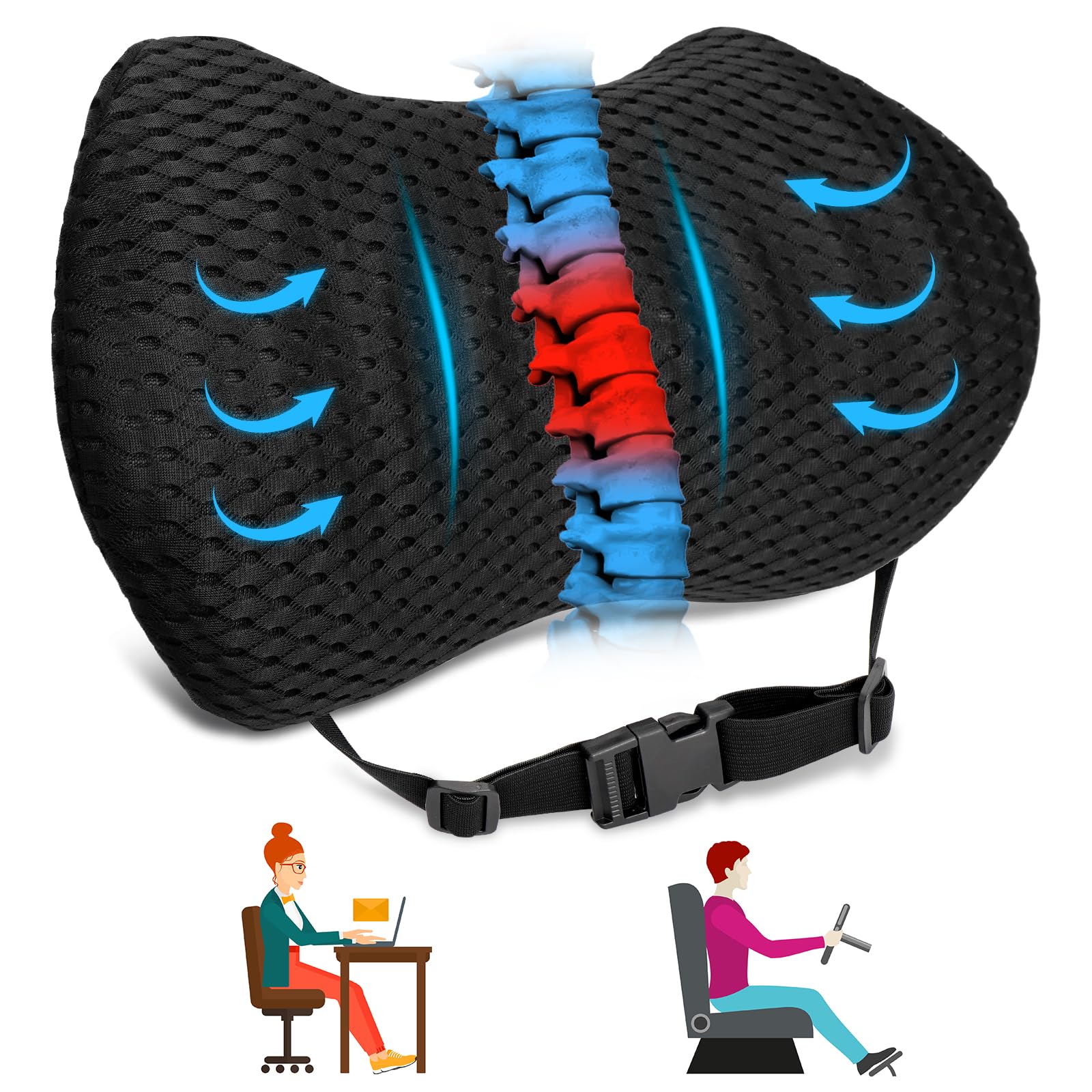Sweetone Cojin Lumbar Silla Oficina, Cojin Lumbar Coche, Cojín Lumbar Memory Foam Respaldo Lumbar Silla Oficina Ergonómico, Almohada Lumbar para Aliviar la Presión en la Espalda