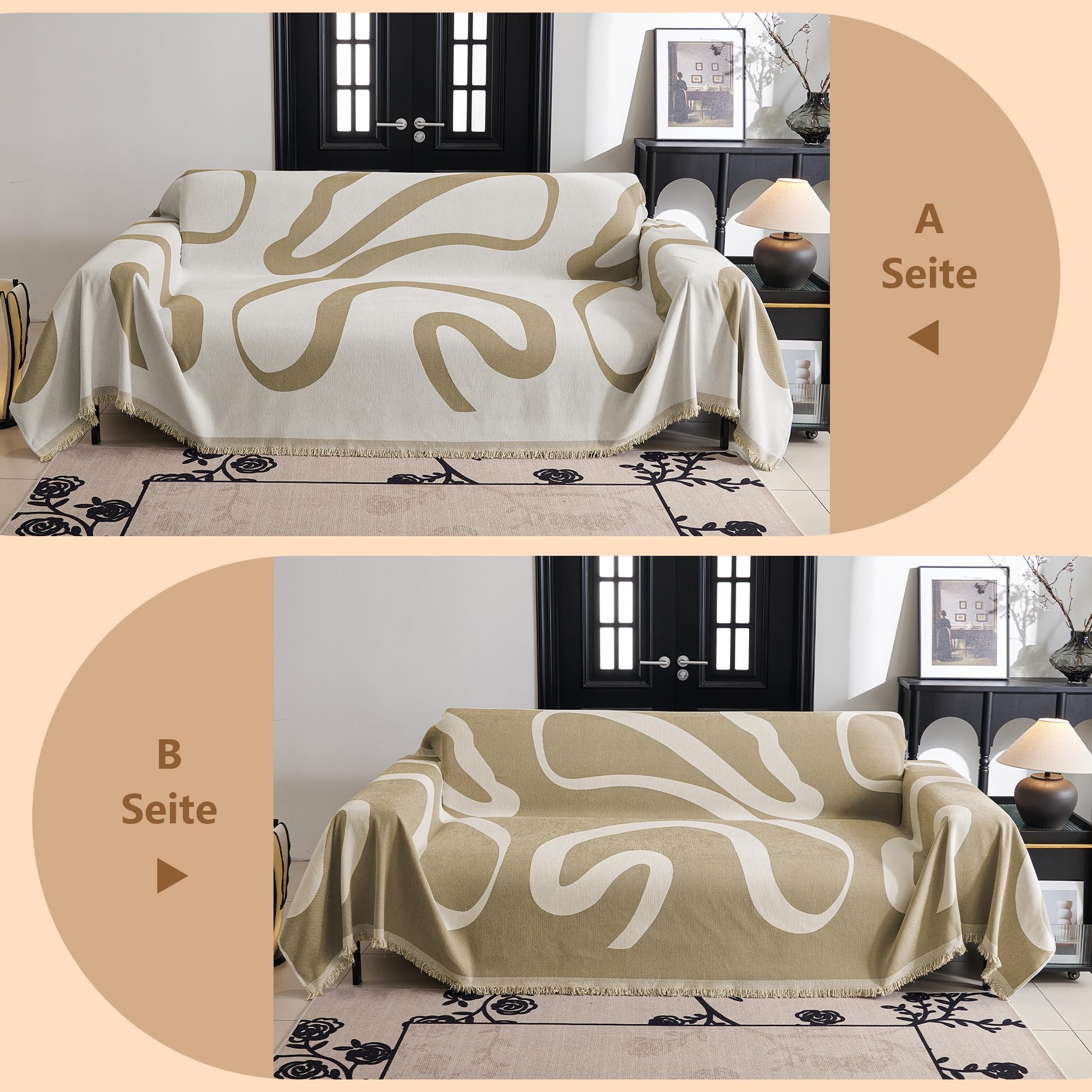 MYSKY HOME Sofabezug 3 Sitzer - Chenille Sofa Überzug L Form, Geometrische Modern Sofa Bezug, Boho Sofaschoner Waschbar, Überwurfdecken für Sofa Schutzdecke, 180 x 300cm, Khaki Kurve