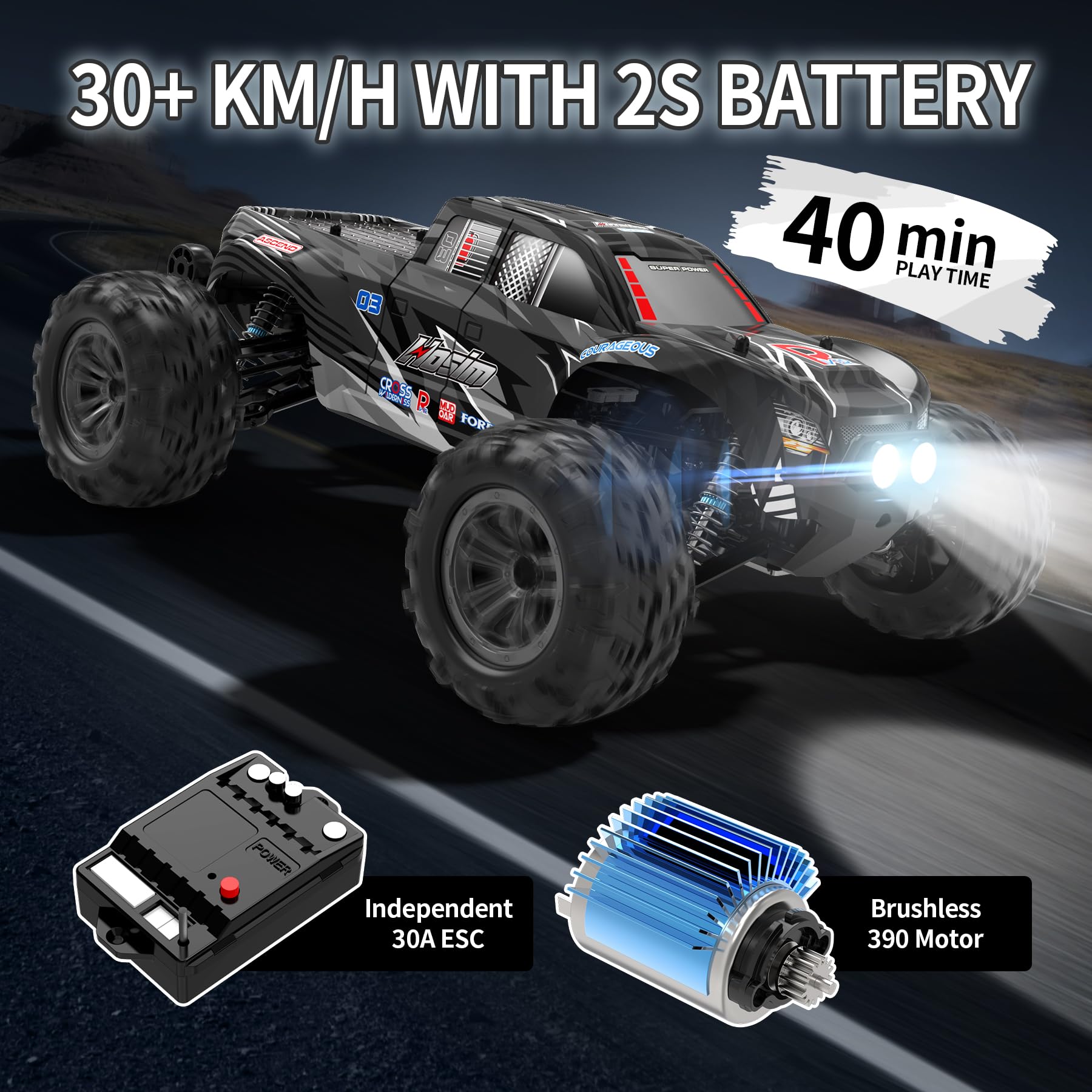 Hosim Auto telecomandata 1:10, 46+ km/h, RC Auto fuoristrada 4WD, impermeabile, Monster Truck per bambini e adulti, tempo di gioco 40+ minuti, auto da corsa All Terrain ad alta velocità, regalo a