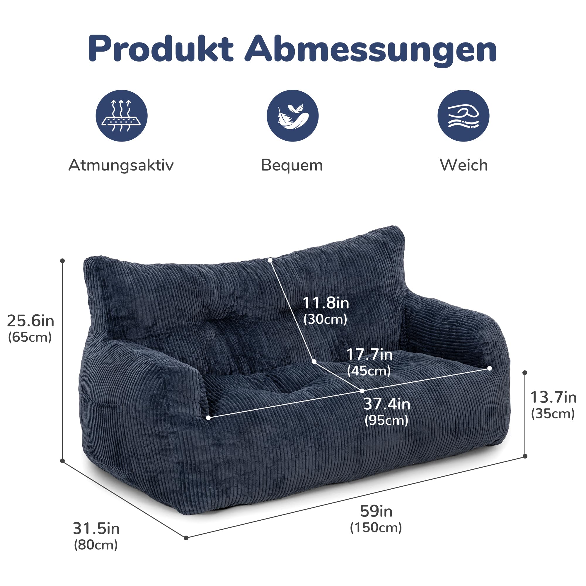 Pamapic Sitzsack für Erwachsene, Doppeltes Sitzsack mit Füllung, Sitzsack Sessel mit Tragbarem Griff & Seitentaschen, Lounge Sessel für Wohnzimmer, Schlafzimmer, Spielzimmer, 80 x 150 x 65 cm, Blau