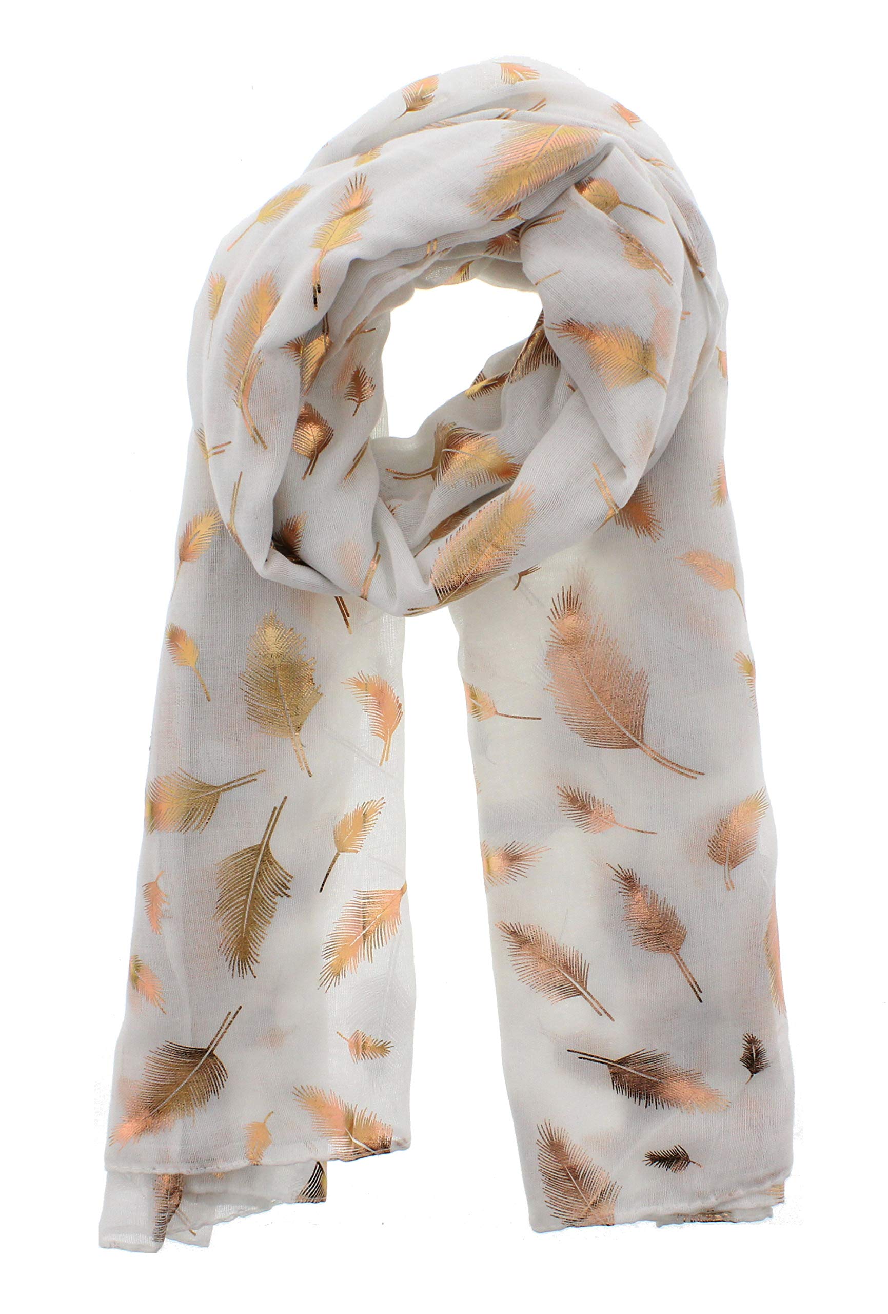Zac's Alter Ego Women's White With Gold Feathers Scarf With Rose Gold Metallic Foil Feather Print