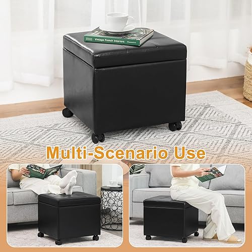 Miniatura 24 de Homebeez Taburete otomano de almacenamiento de piel sintética copetudo, cuadrado con tapa abatible (marrón) Marrón,Negro y ruedas,Negro