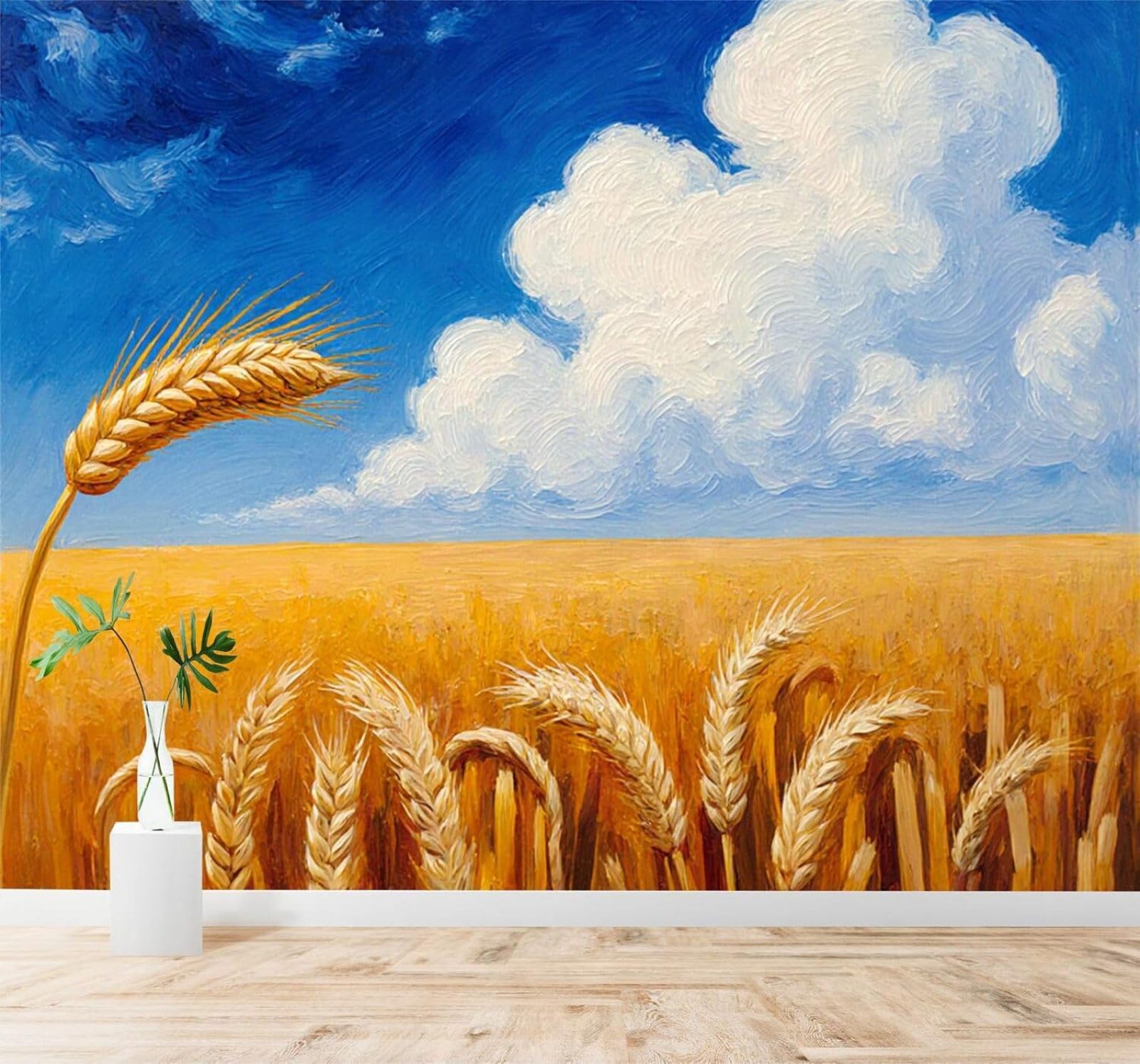 XLMING Hand Drawn Golden Wheat Field Blue Sky White Clouds Landscape 3D Wallpaper Silky Texture Home Study Office Grey Dining Room Sofa Bedroom Living Room TV Backdrop-150cm×105cm